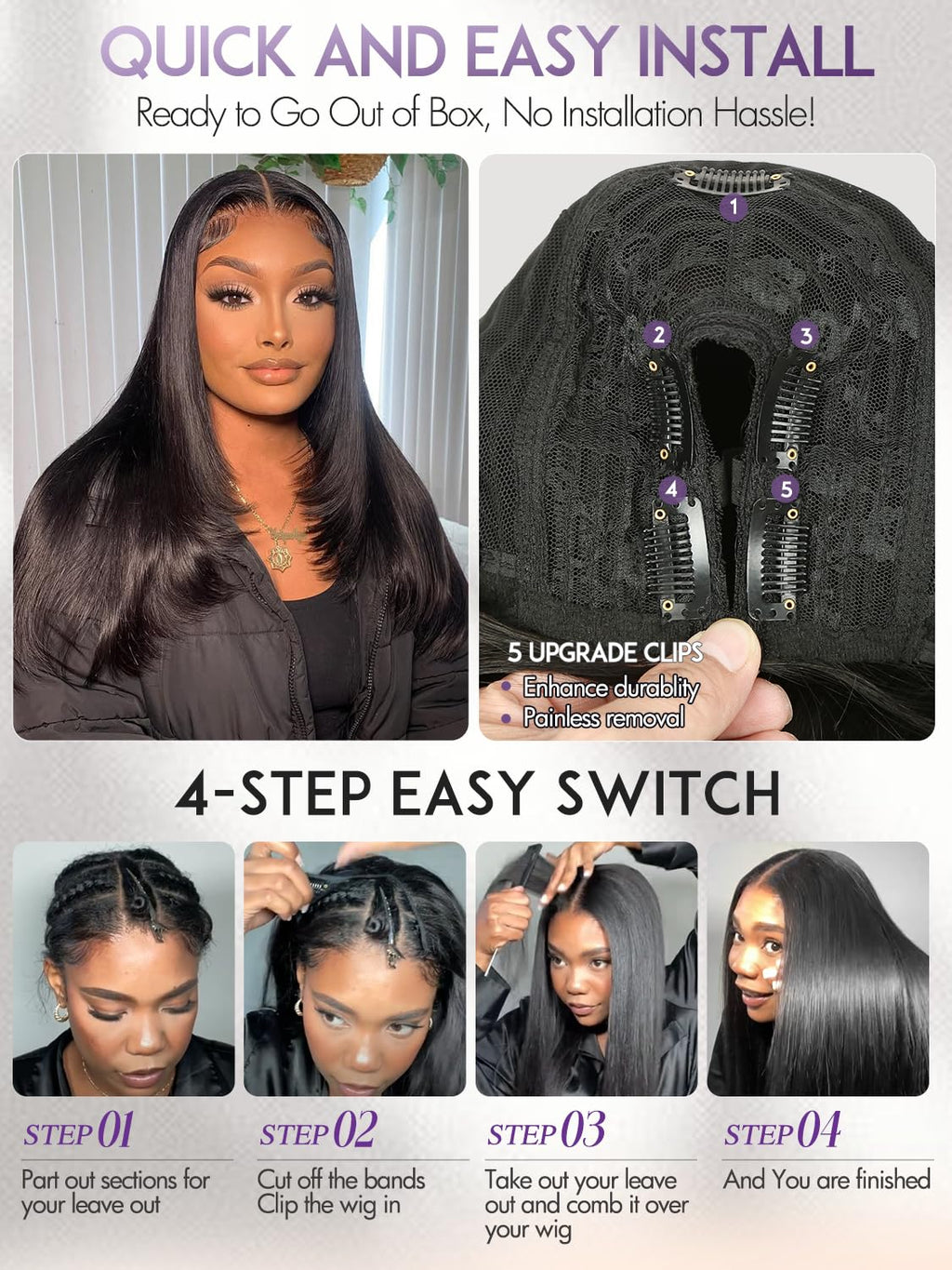 Yaki Straight Layered U Part Wigs V Part Glueless Clip in Half Wigs for Women Realistic Natural Looking Heat Resistant Synthetic Hair(24inch,Natural Black)
