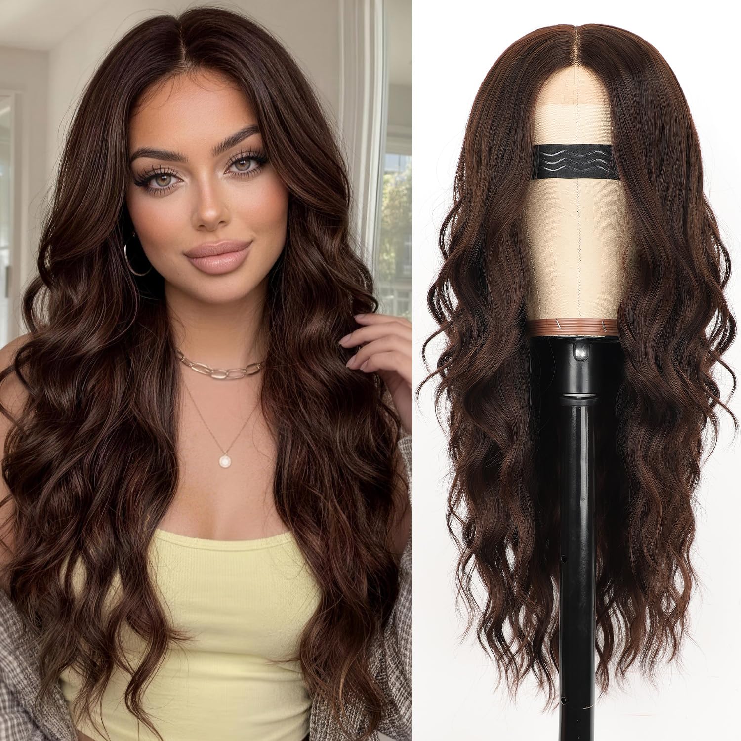 Long Brown Mixed Blonde Wavy Wig 4x1 Lace Natural Hairline Middle Part Curly Heat-Resistant Synthetic Fiber for Women & Beginners Daily Party Use 26In