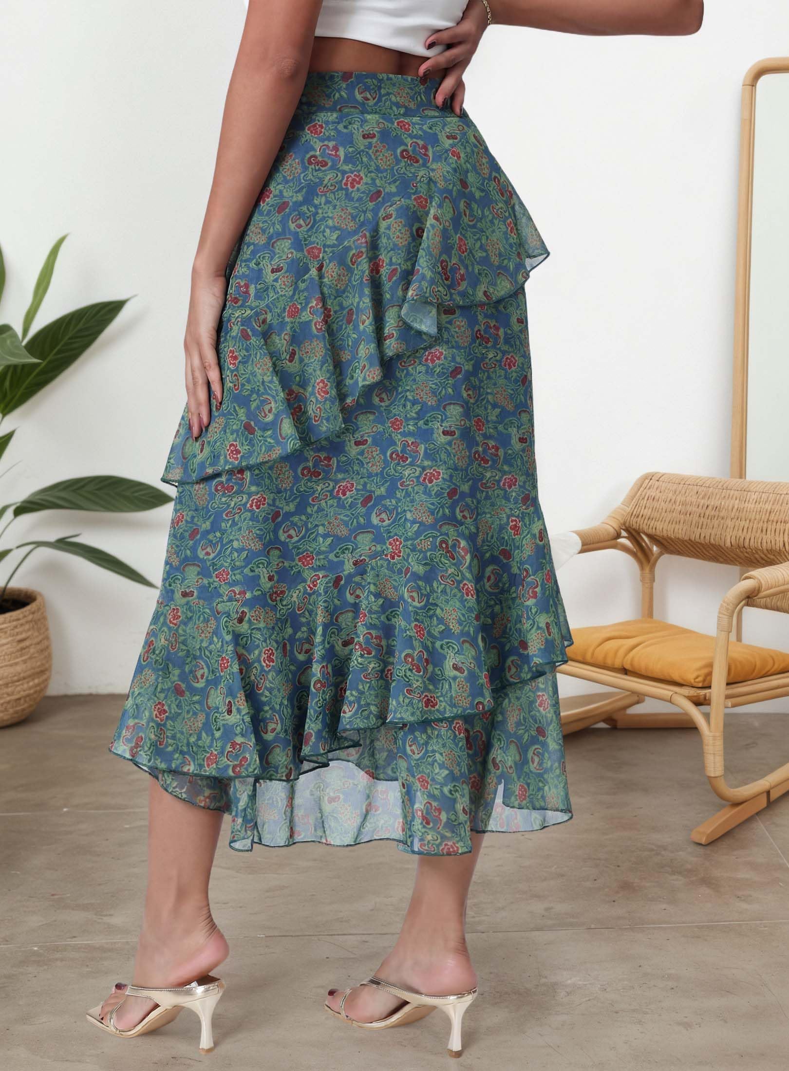 Women's Boho Flowy White Maxi Skirt Flared Ruffle Elastic Waist Summer A Line 2026 Spring Long Skirts