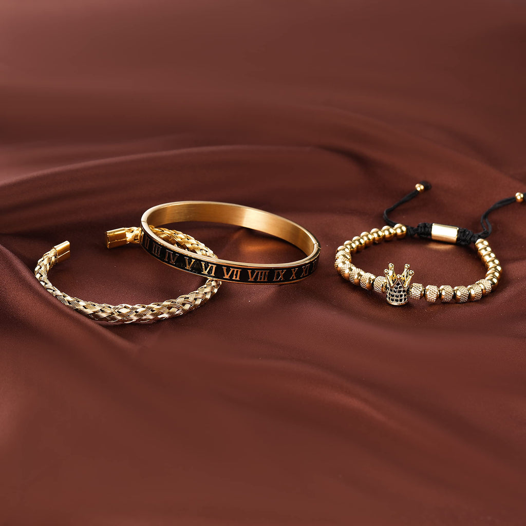 3PCS Stainless Steel Bracelets for Men Gold Roman Numeral Bangle Bracelet Twisted Cable Bracelet Adjustable Cuff Bracelet Mens Luxury Jewelry Bracelets Gifts