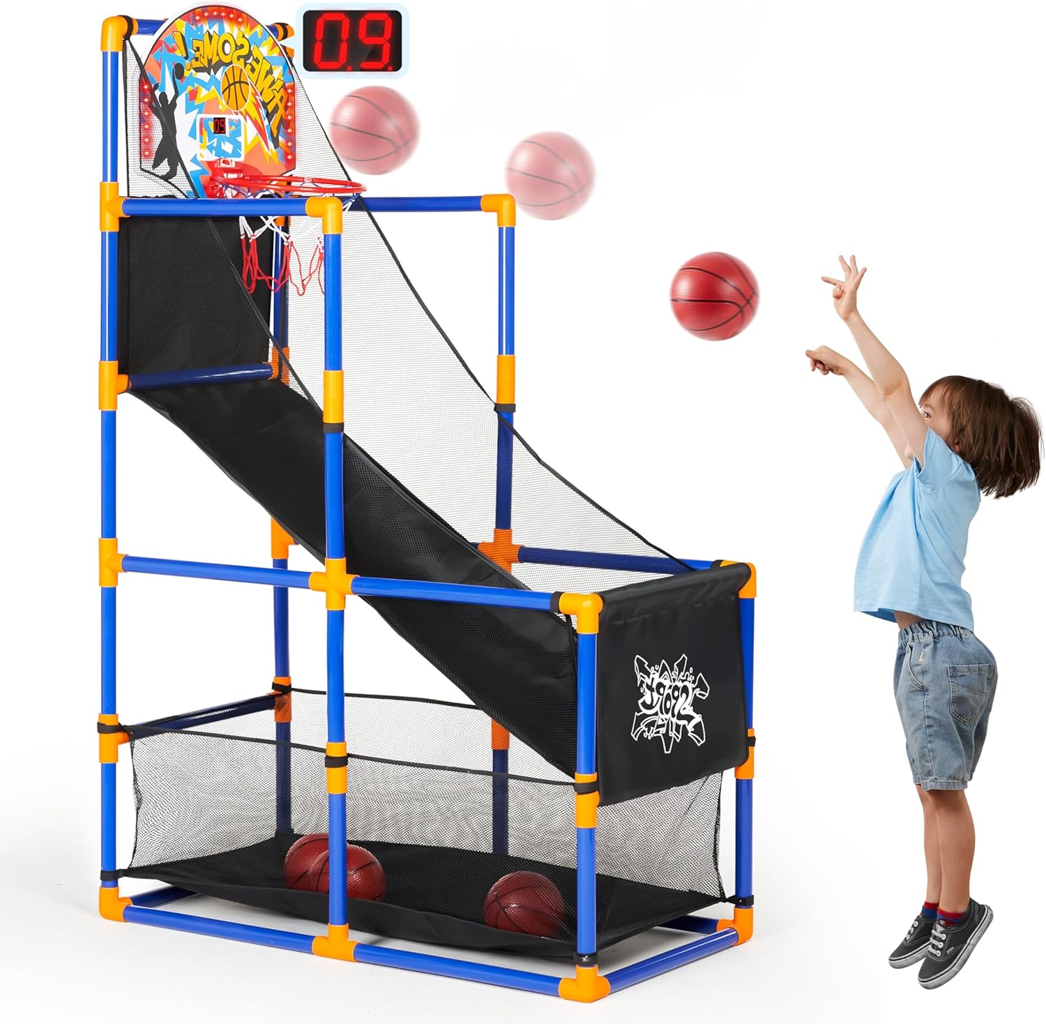 JOYIN Arcade Basketball Game Set with 4 Balls and Hoop for Kids 3 to 12 Years Old Indoor Outdoor Sport Play - Easy Set Up - Air Pump Included - Ideal for Competition