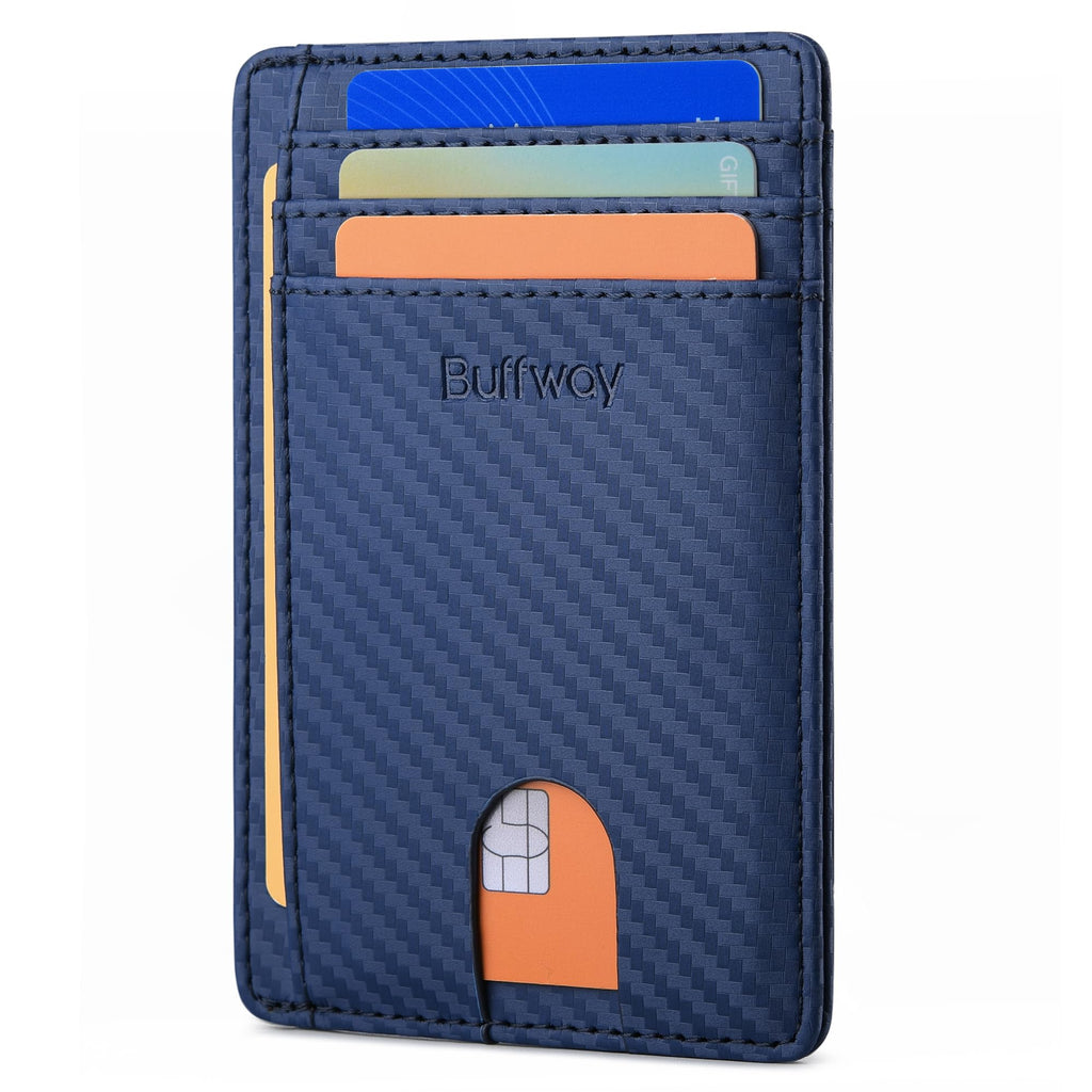 Slim Minimalist Front Pocket RFID Blocking Leather Wallets for Men and Women - Carbon Fiber Black