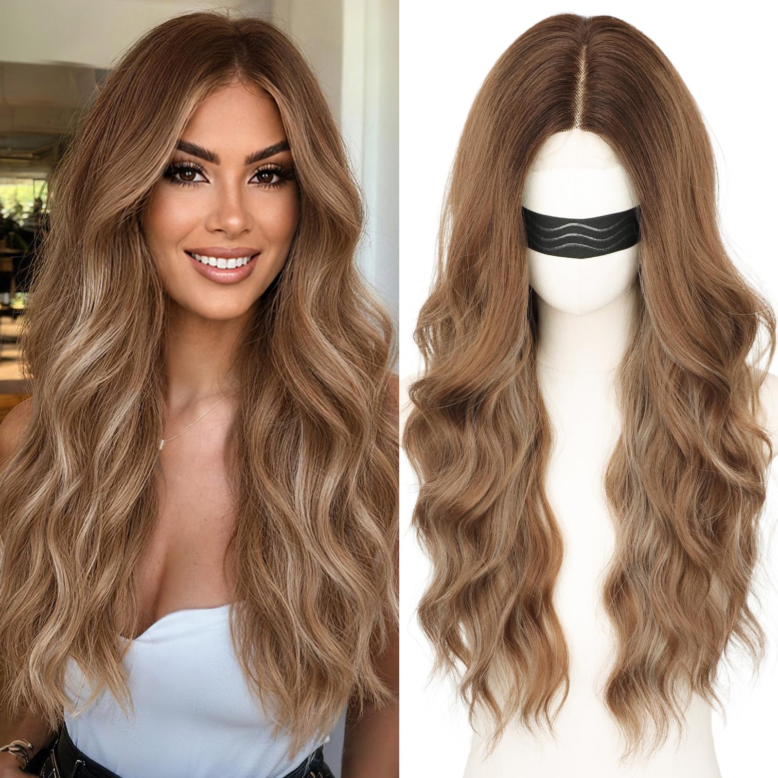 Long Brown Mixed Blonde Wavy Wig 4x1 Lace Natural Hairline Middle Part Curly Heat-Resistant Synthetic Fiber for Women & Beginners Daily Party Use 26In