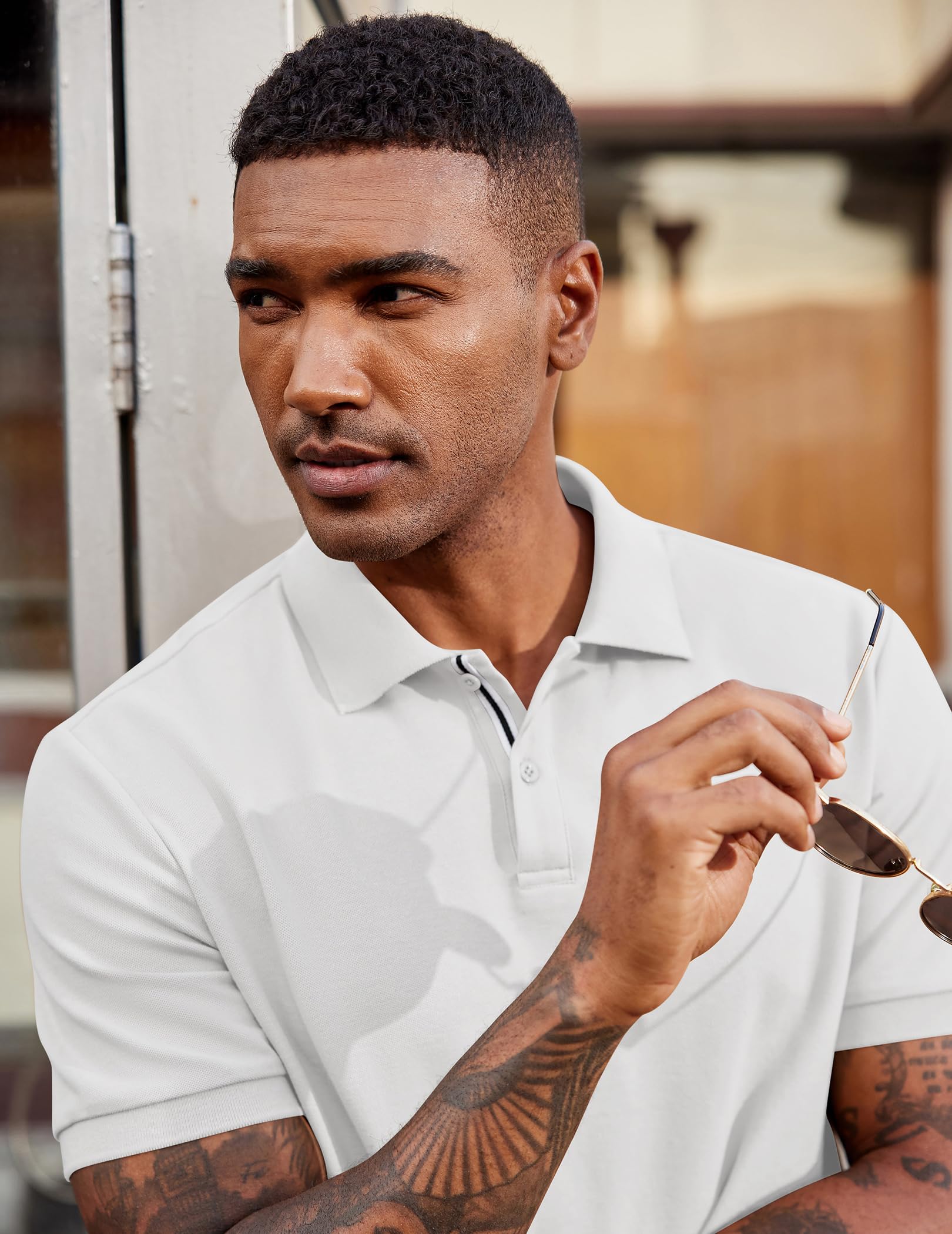 Men's Polo Shirts Short Sleeve Cotton Pique Casual Button T Shirts Classic Fit Collared Golf Shirts