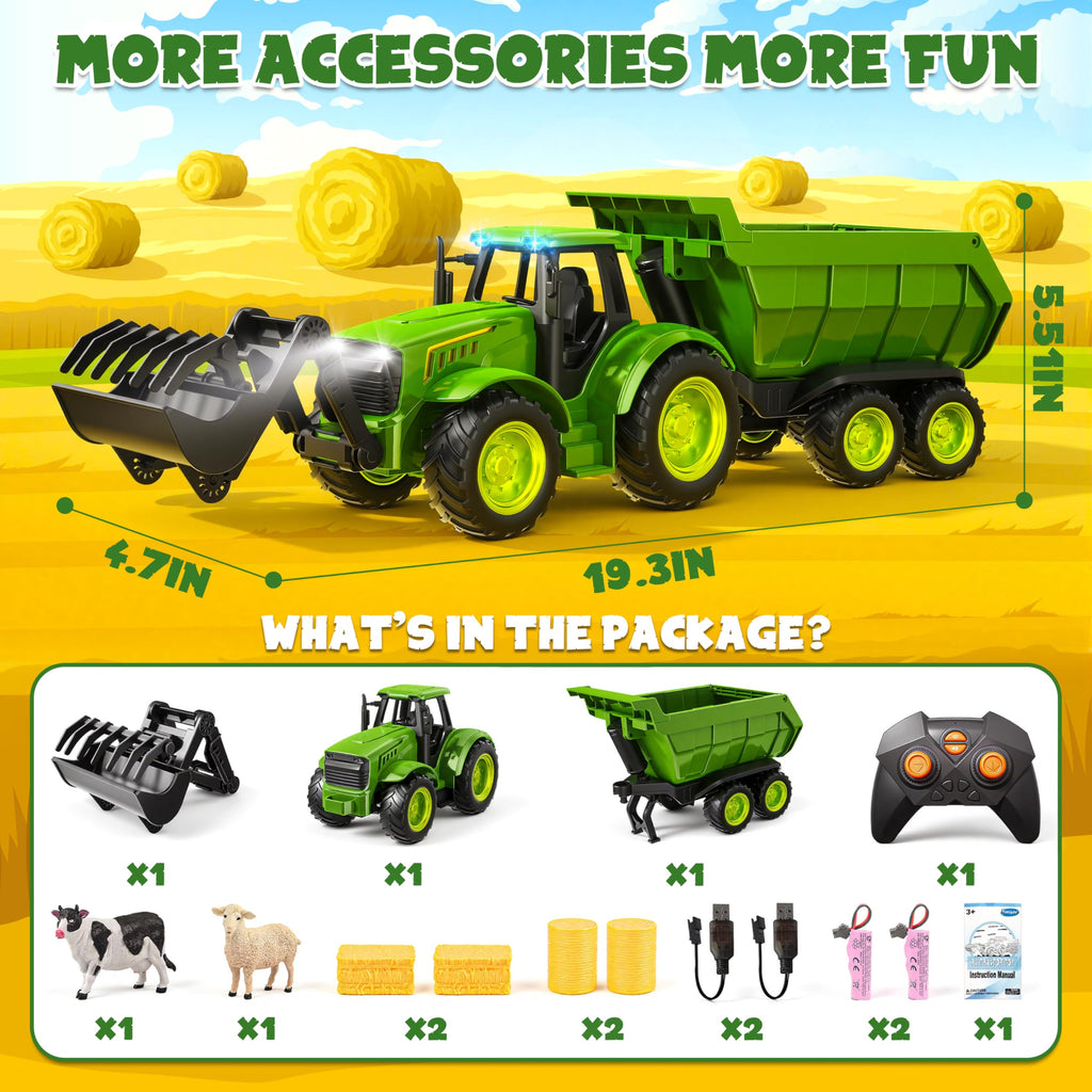 Funwee RC Farm Tractor Toy w/Light & Music, Kid Truck Toy w/Front Loader & Farm Animal, 2.4GHz RC Tractor Trailer Car Vehicle Toy for Boy Girl Age 3 4 5 6 7+ Year Old Christmas Birthday Gift (Pink)
