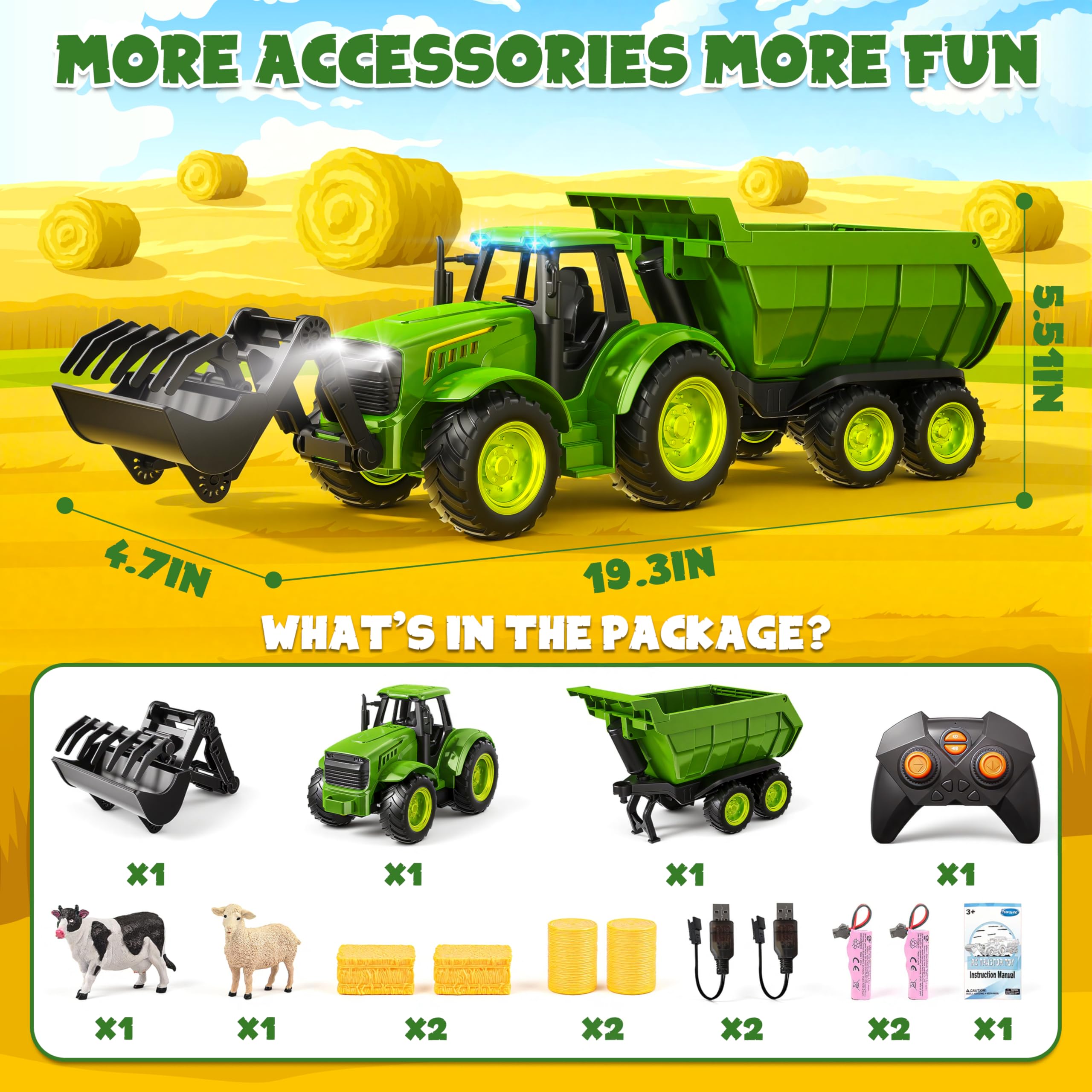 Funwee RC Farm Tractor Toy w/Light & Music, Kid Truck Toy w/Front Loader & Farm Animal, 2.4GHz RC Tractor Trailer Car Vehicle Toy for Boy Girl Age 3 4 5 6 7+ Year Old Christmas Birthday Gift (Pink)