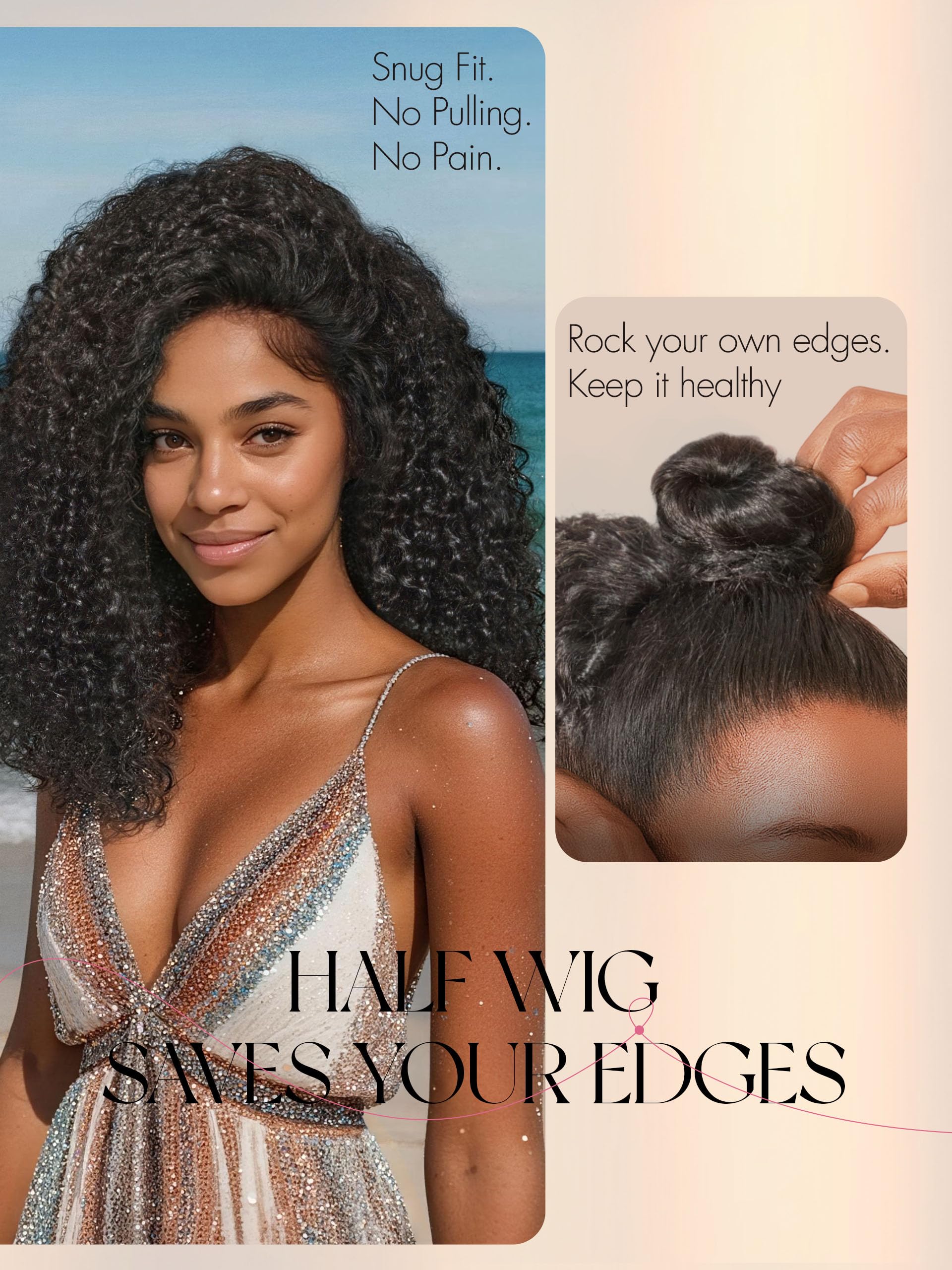Half Wig Kinky Curly Flexi-Fit Invisi 3 in 1 Wigs Flip Drawstring Wig 200% Density Glueless Wigs 100% Human Hair Natural Black Ready to Go Headband Wig for Women 18 Inches