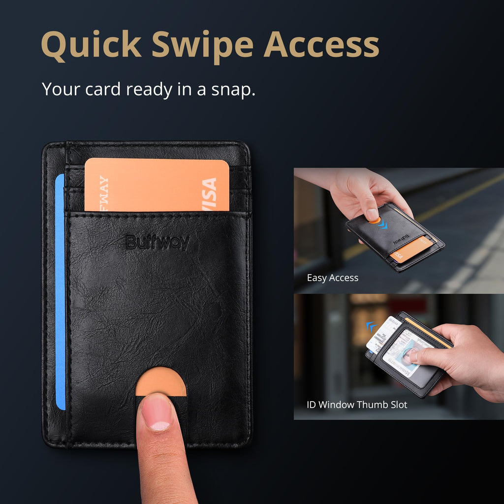 Slim Minimalist Front Pocket RFID Blocking Leather Wallets for Men and Women - Carbon Fiber Black