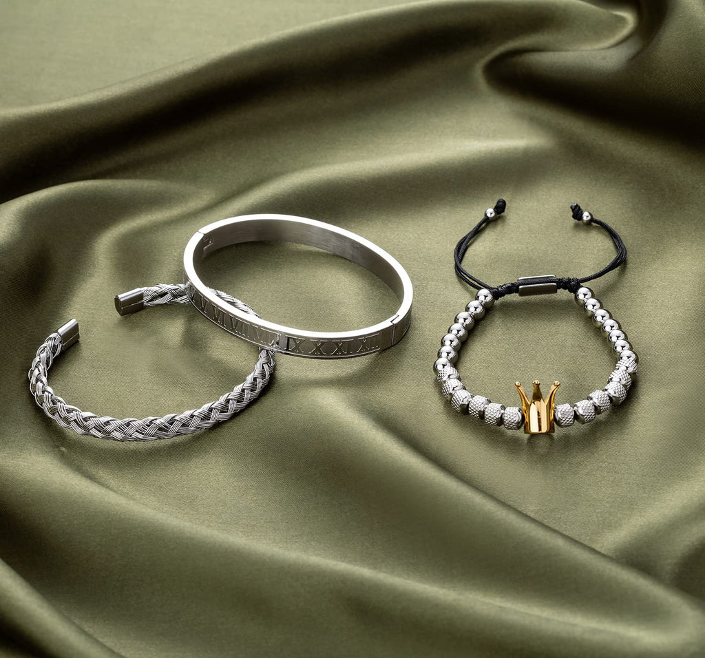 3PCS Stainless Steel Bracelets for Men Gold Roman Numeral Bangle Bracelet Twisted Cable Bracelet Adjustable Cuff Bracelet Mens Luxury Jewelry Bracelets Gifts