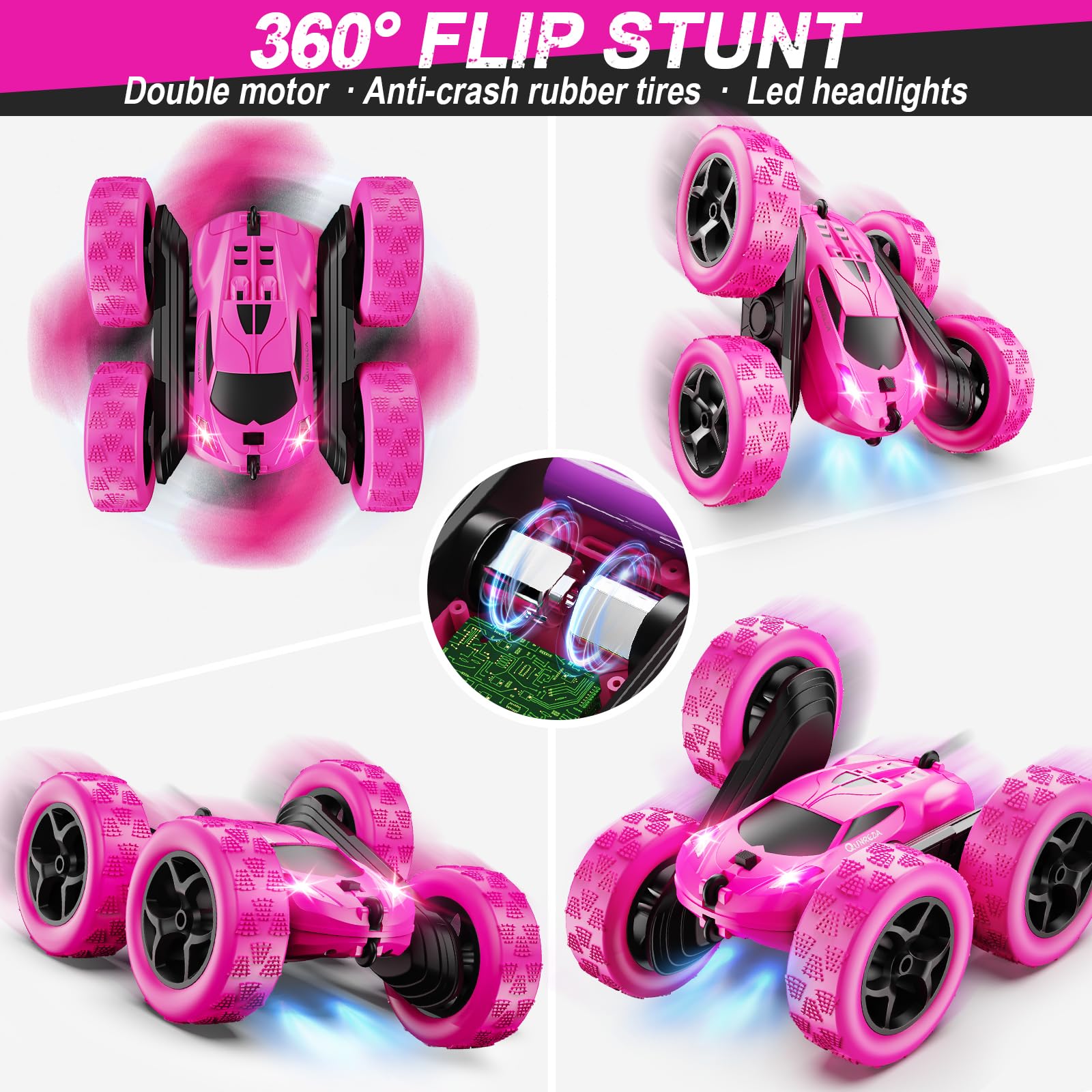 QUNREDA RC Cars, Pink Remote Control Car for Girls, 2.4 GHZ Double Sided RC Stunt Car 360° Rotating Remote Control Crawler with Headlights Car Toys for 6 7 8 9 10 11 12 Girls Birthday Gift Grandkids