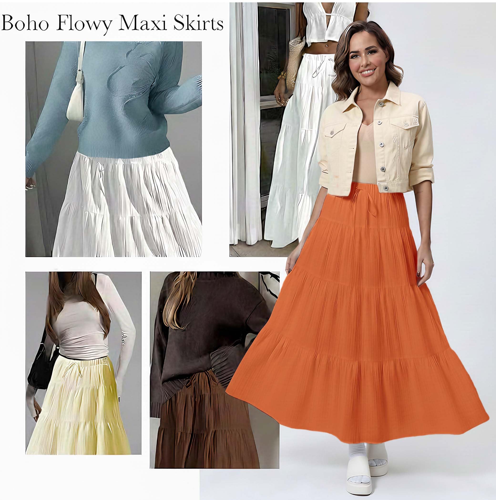 Women's Boho Flowy White Maxi Skirt Flared Ruffle Elastic Waist Summer A Line 2026 Spring Long Skirts
