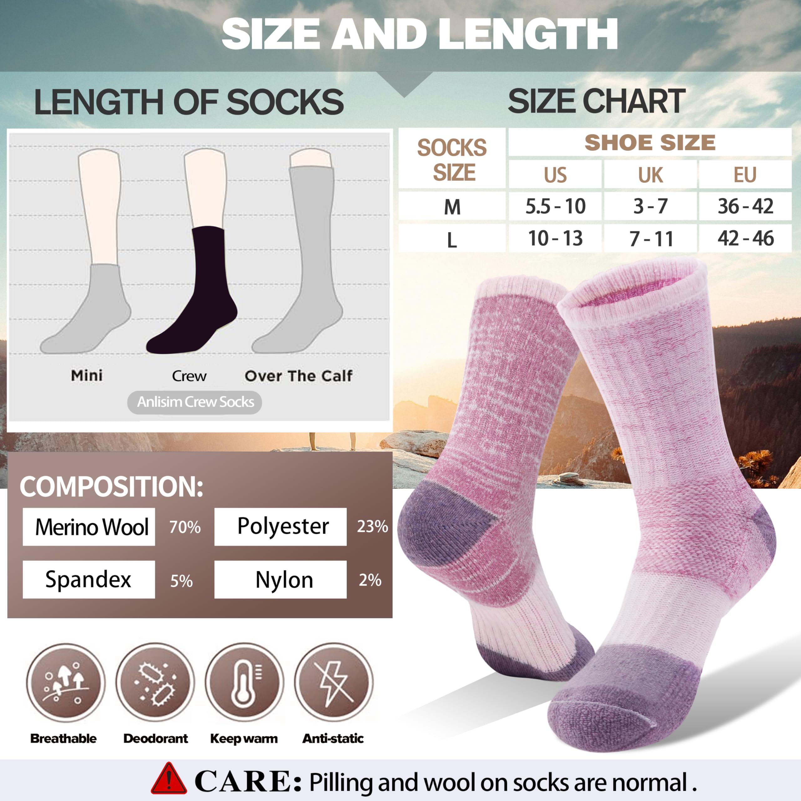 Merino Wool Hiking Socks for Women Thermal Winter Warm Boot Work Cushion Socks 5 Pairs