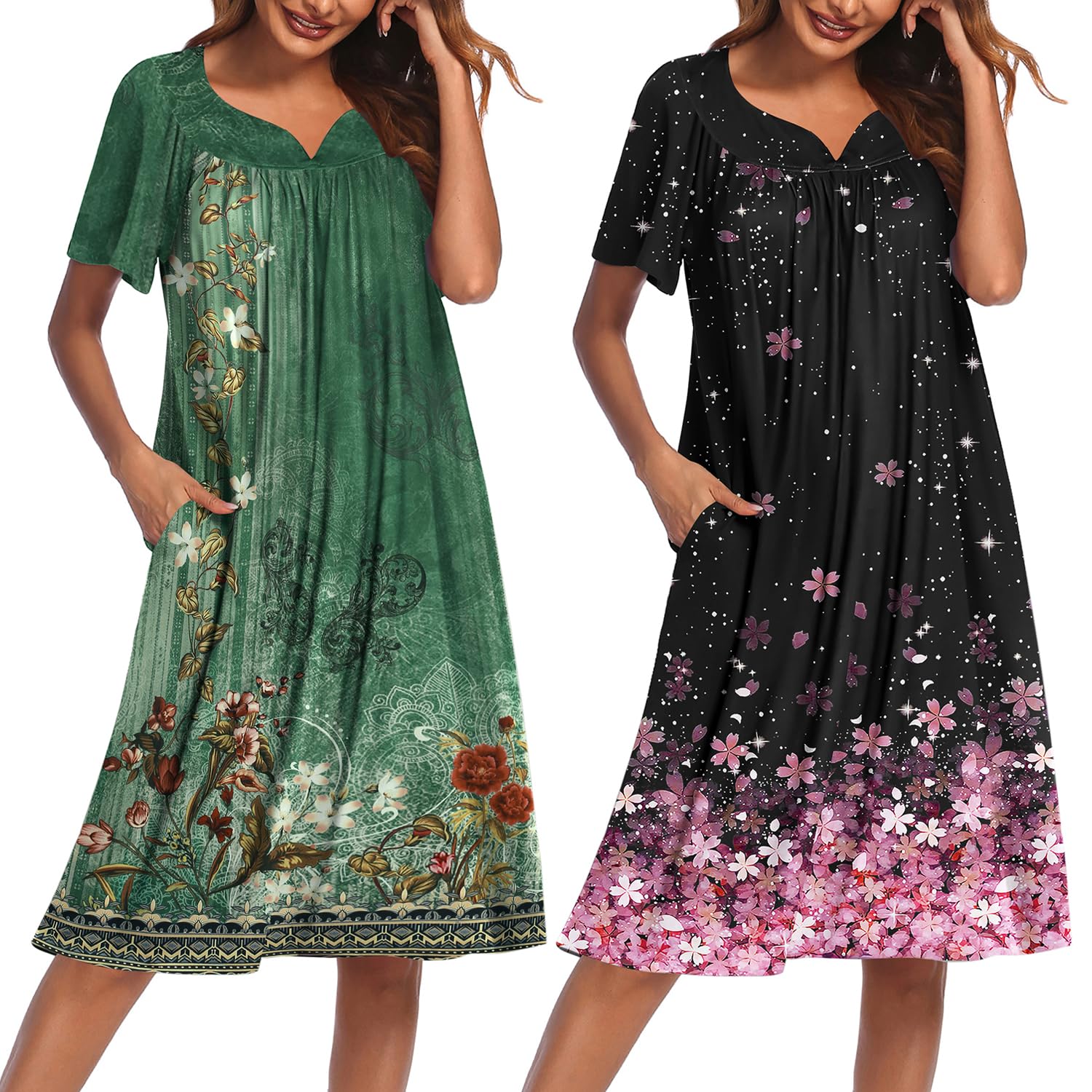 2 Pack House Dresses for Women with Pockets Short Sleeve Moo Moos Floral Print Mumu Dresses