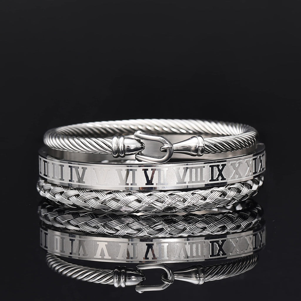 3PCS Stainless Steel Bracelets for Men Gold Roman Numeral Bangle Bracelet Twisted Cable Bracelet Adjustable Cuff Bracelet Mens Luxury Jewelry Bracelets Gifts