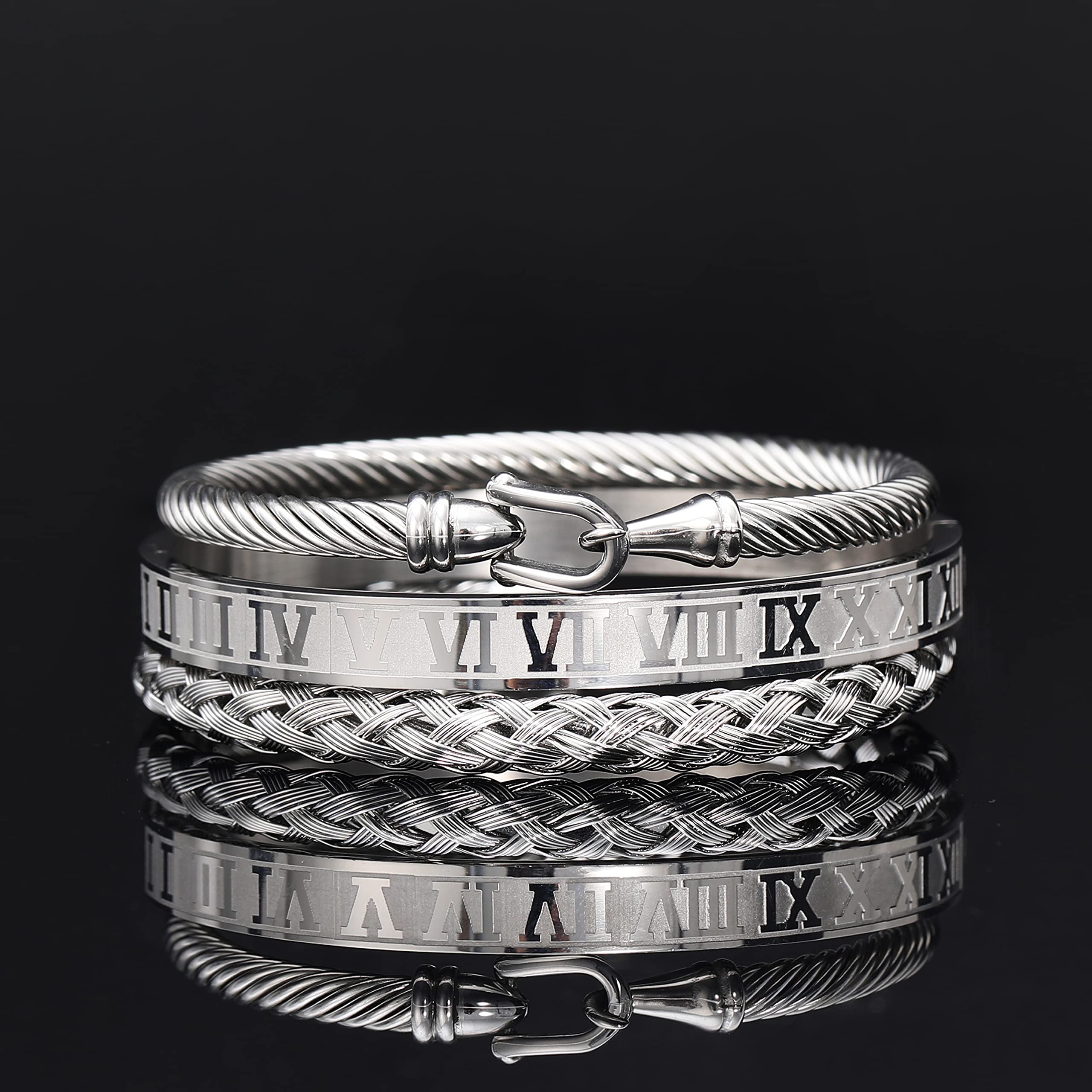 3PCS Stainless Steel Bracelets for Men Gold Roman Numeral Bangle Bracelet Twisted Cable Bracelet Adjustable Cuff Bracelet Mens Luxury Jewelry Bracelets Gifts