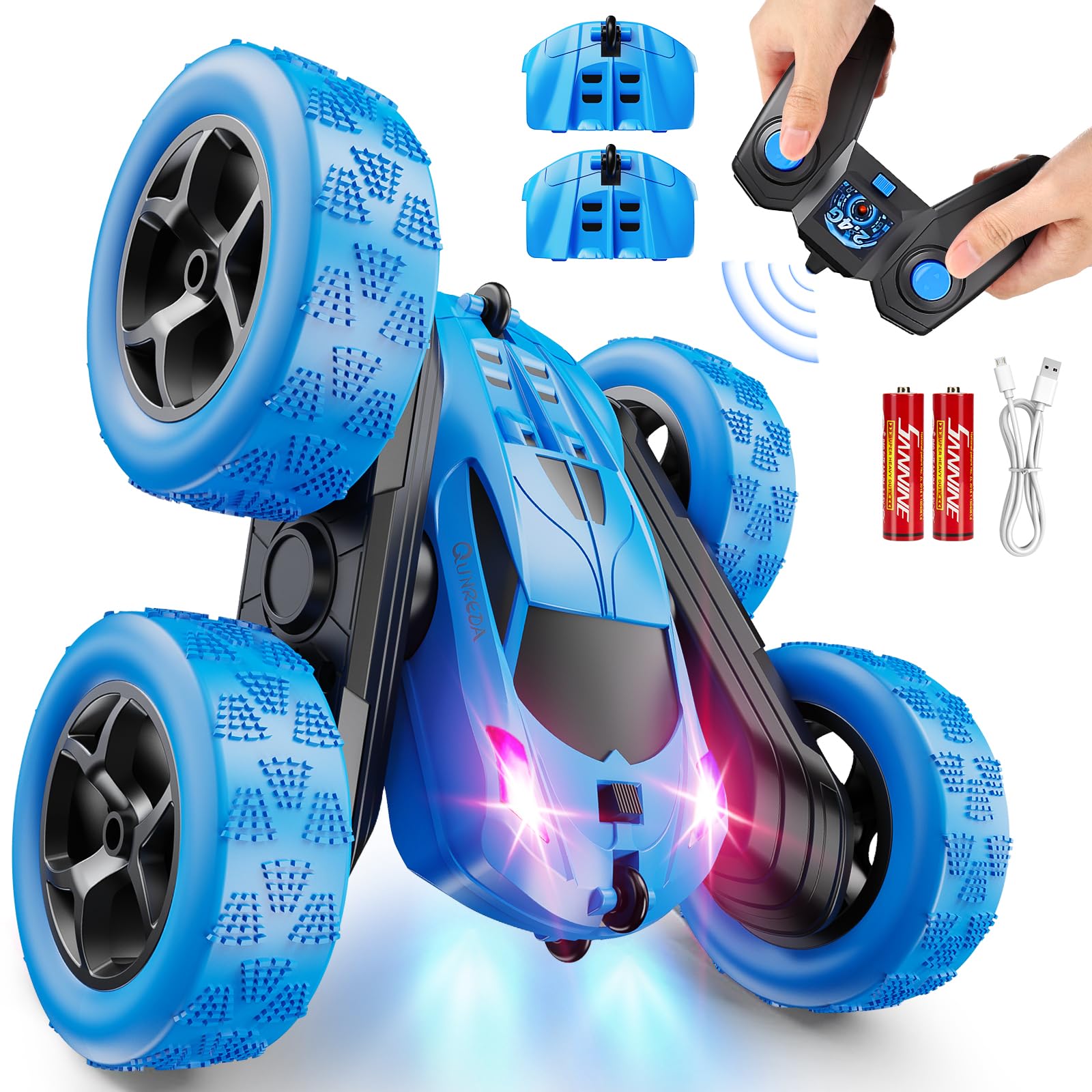 QUNREDA RC Cars, Pink Remote Control Car for Girls, 2.4 GHZ Double Sided RC Stunt Car 360° Rotating Remote Control Crawler with Headlights Car Toys for 6 7 8 9 10 11 12 Girls Birthday Gift Grandkids