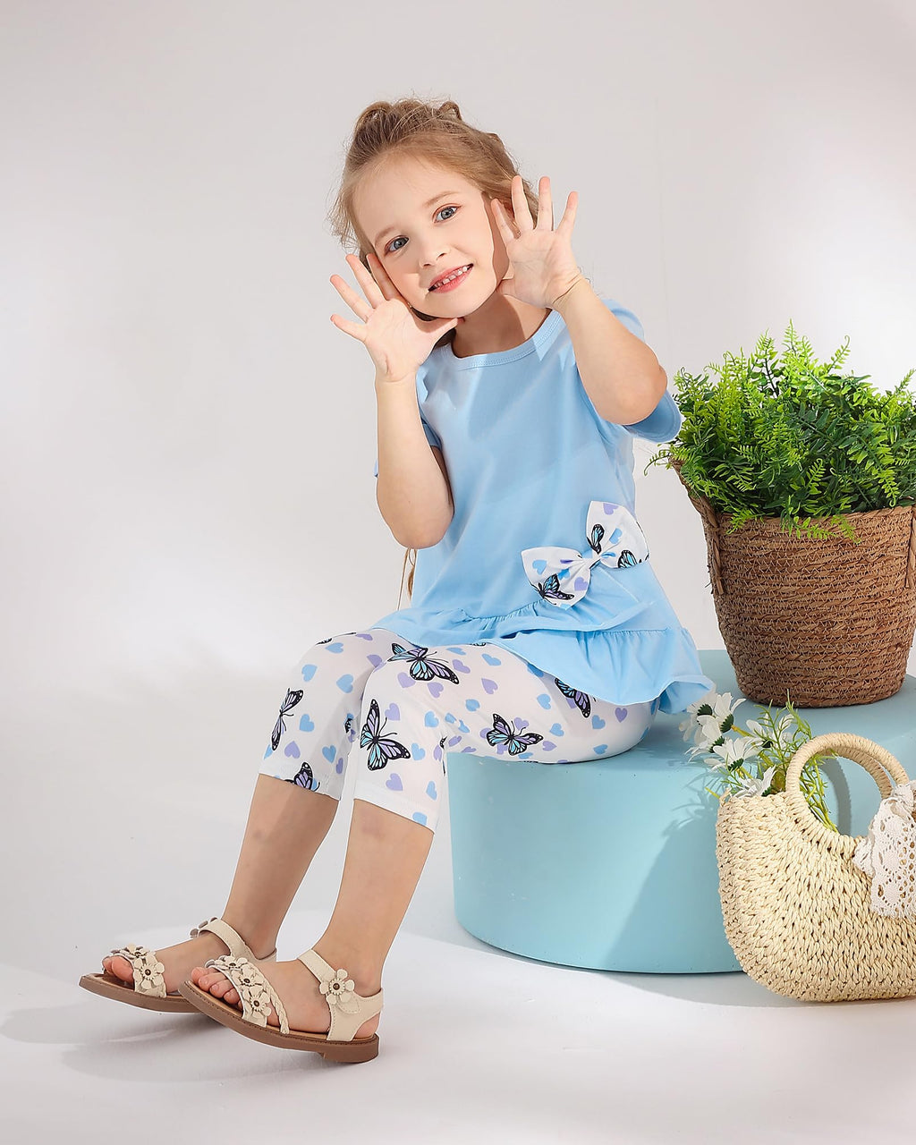Toddler Girl Clothes 2-8Years Girls Outfit, Short Sleeve Ruffle Bowknot Top+Floral Capri Pants 2Pcs Spring Summer Set