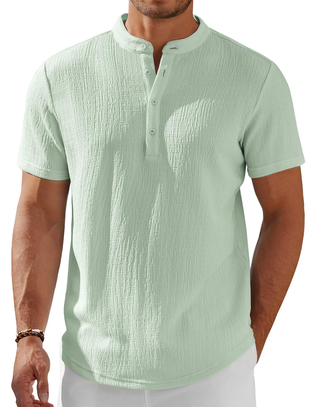 Men's Henley Shirt Short Sleeve Stand Collar Summer Casual Beach Hippie T-Shirts