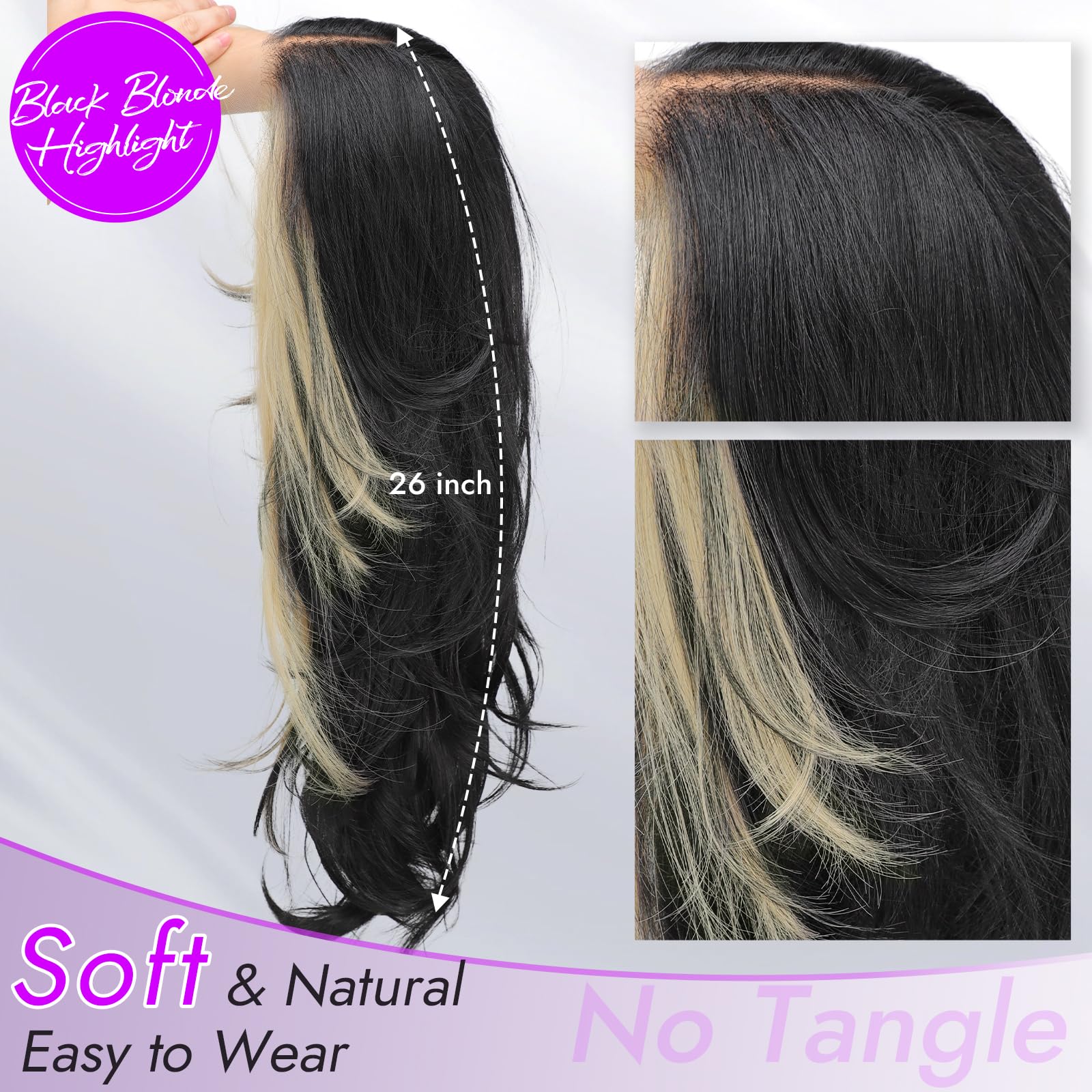 13x4 HD Lace Front Glueless Wigs for Women Black Long Layered Wave Wig Natural Hairline Heat Resistant Synthetic for Daily Use Beginner Friendly 26 Inch