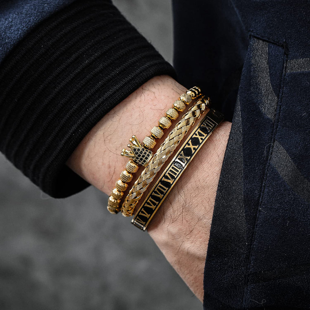 3PCS Stainless Steel Bracelets for Men Gold Roman Numeral Bangle Bracelet Twisted Cable Bracelet Adjustable Cuff Bracelet Mens Luxury Jewelry Bracelets Gifts