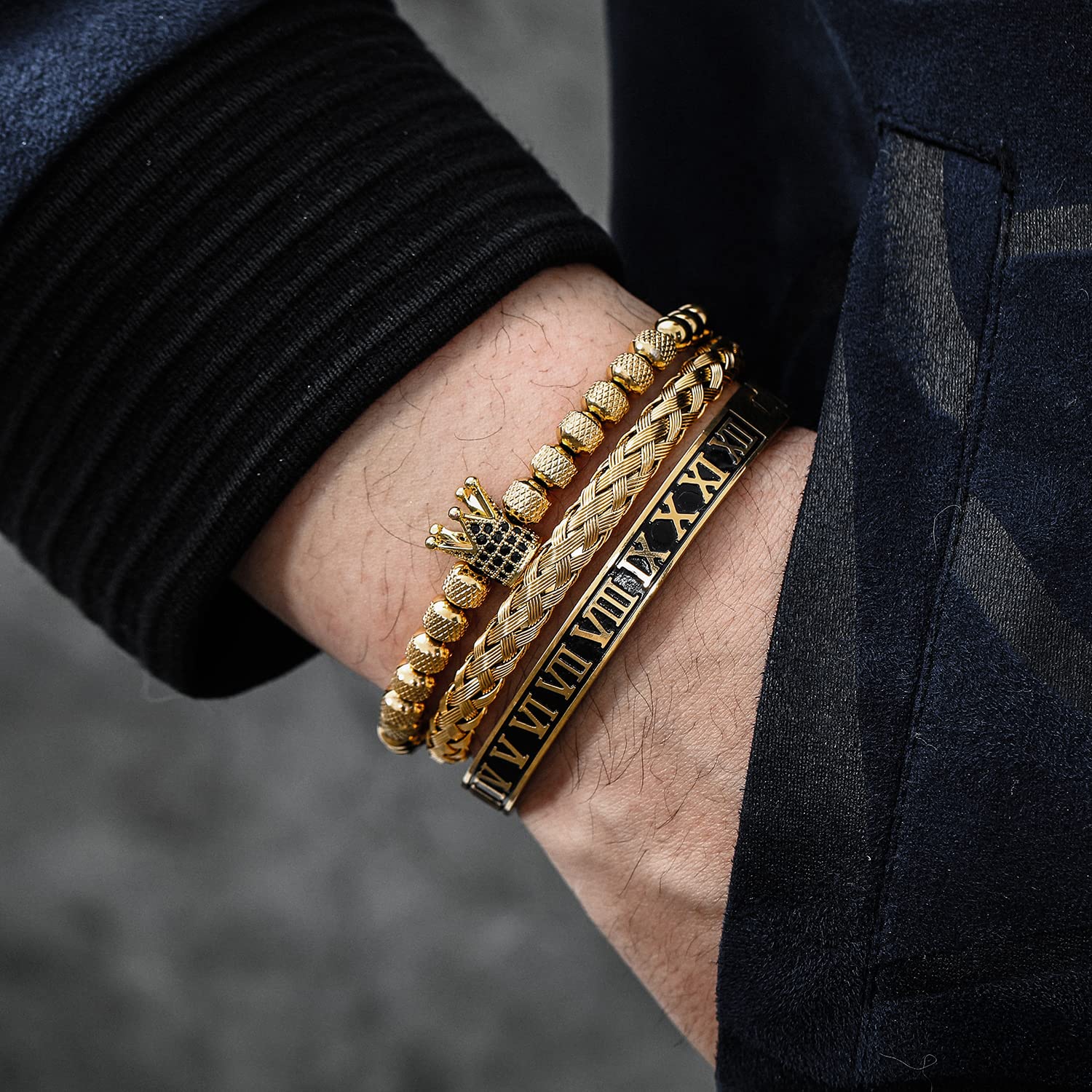 3PCS Stainless Steel Bracelets for Men Gold Roman Numeral Bangle Bracelet Twisted Cable Bracelet Adjustable Cuff Bracelet Mens Luxury Jewelry Bracelets Gifts
