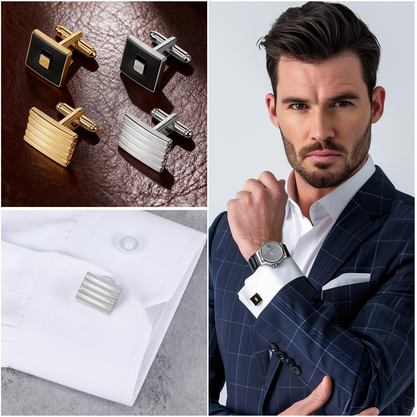 4 Pairs Cufflinks for Men Classic Tone Cuff Links Fashion Men Cufflinks Gold/Sliver Striped Disc Square Rectangle Cuff Links for Business Wedding Party Gift Box