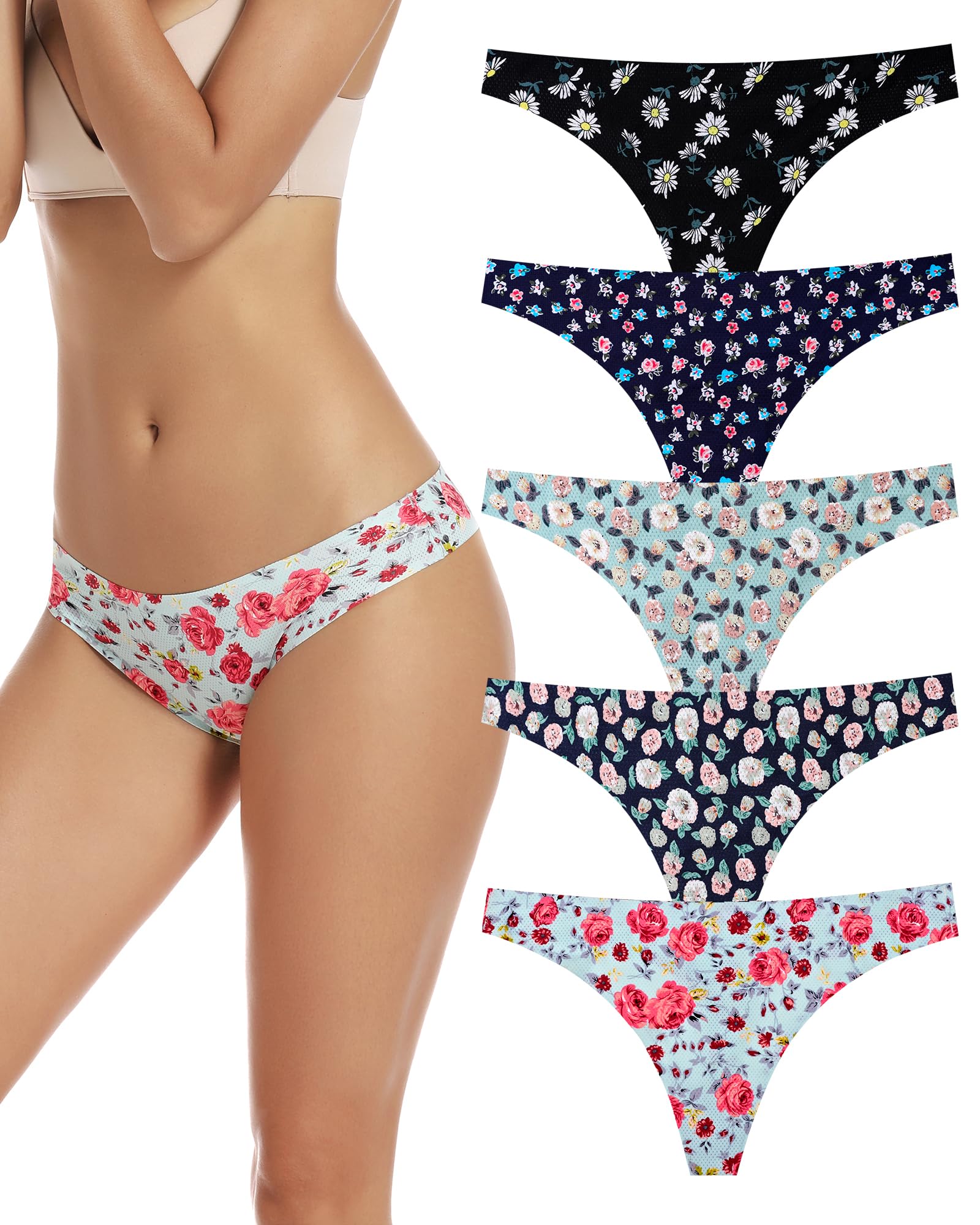 Seamless Women Underwear Thongs,No Show Ladies Workout Thong,5 Pack | Invisible Breathable Comfortable Mesh Panties,No Seam Soft Low Rise Cut Athletic Undies for Sports Gym Running Exercise Work