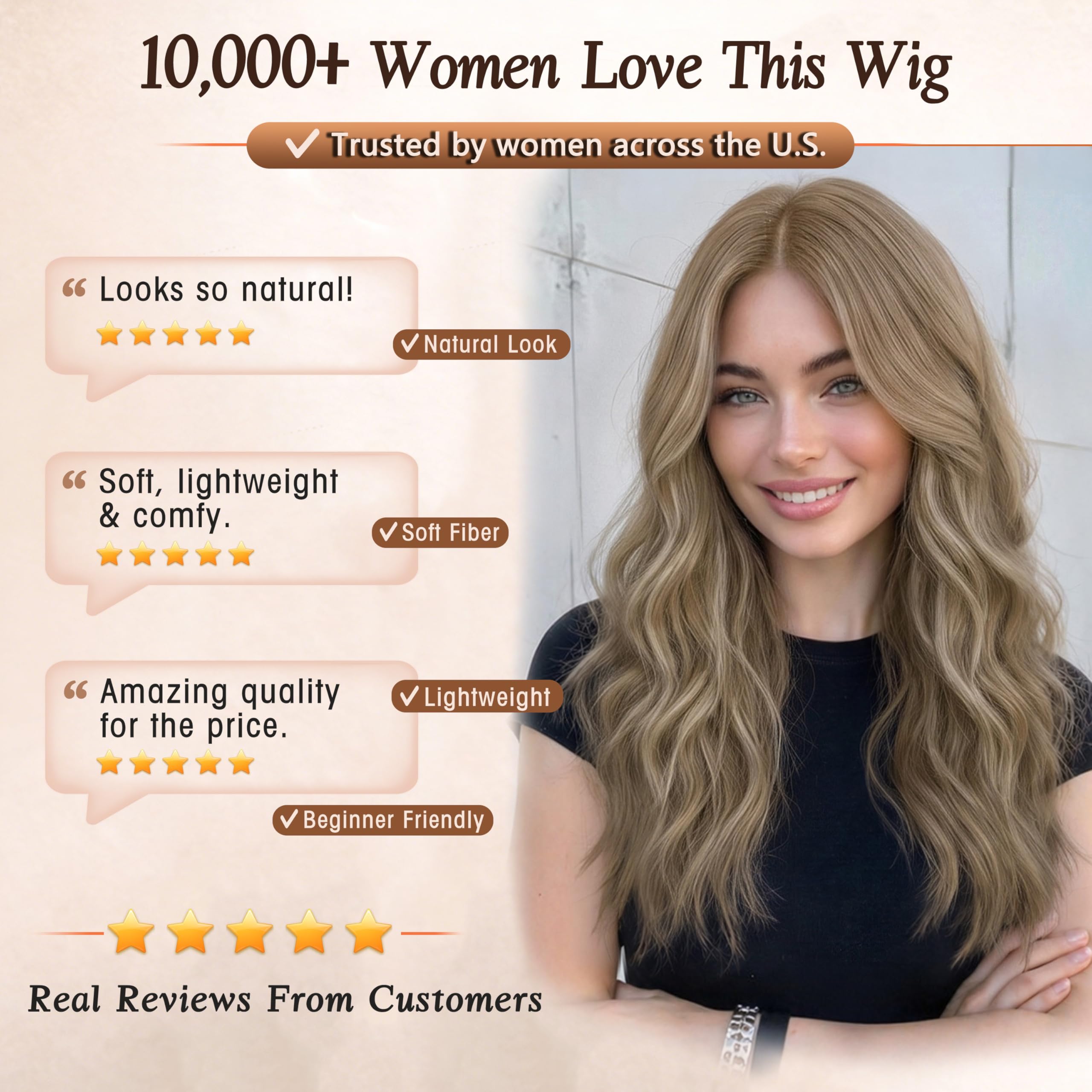 Long Brown Mixed Blonde Wavy Wig 4x1 Lace Natural Hairline Middle Part Curly Heat-Resistant Synthetic Fiber for Women & Beginners Daily Party Use 26In