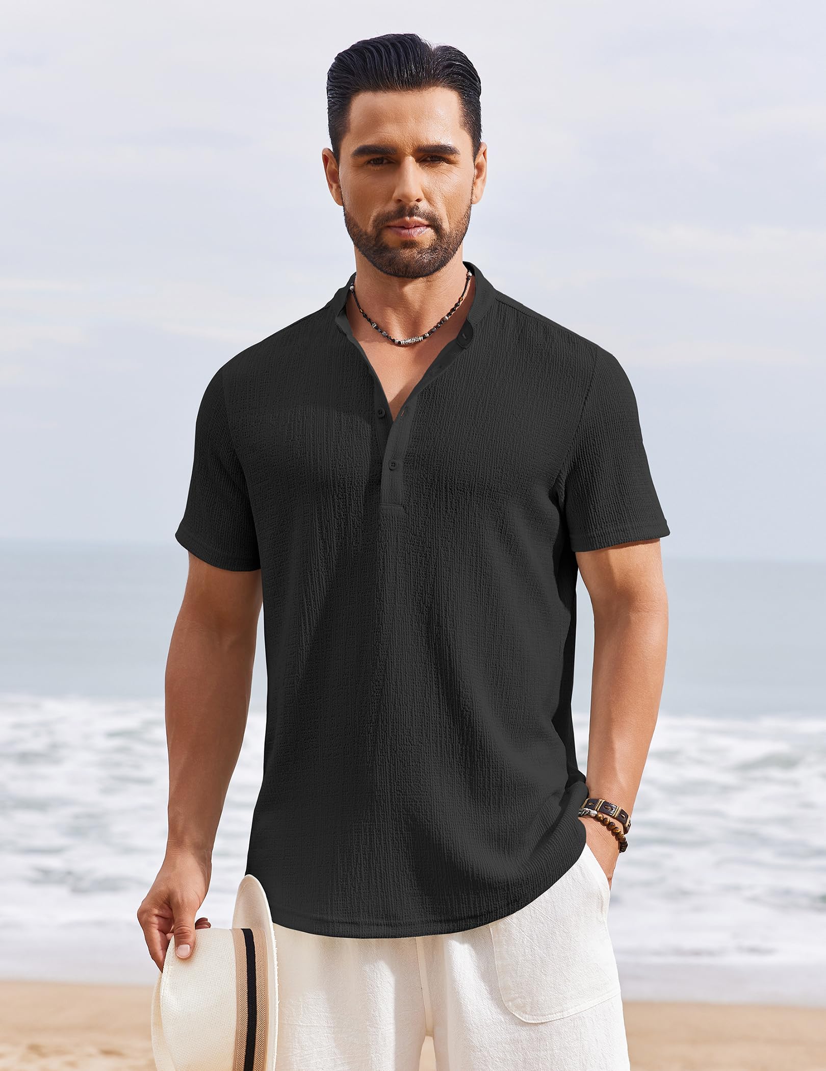 Men's Henley Shirt Short Sleeve Stand Collar Summer Casual Beach Hippie T-Shirts