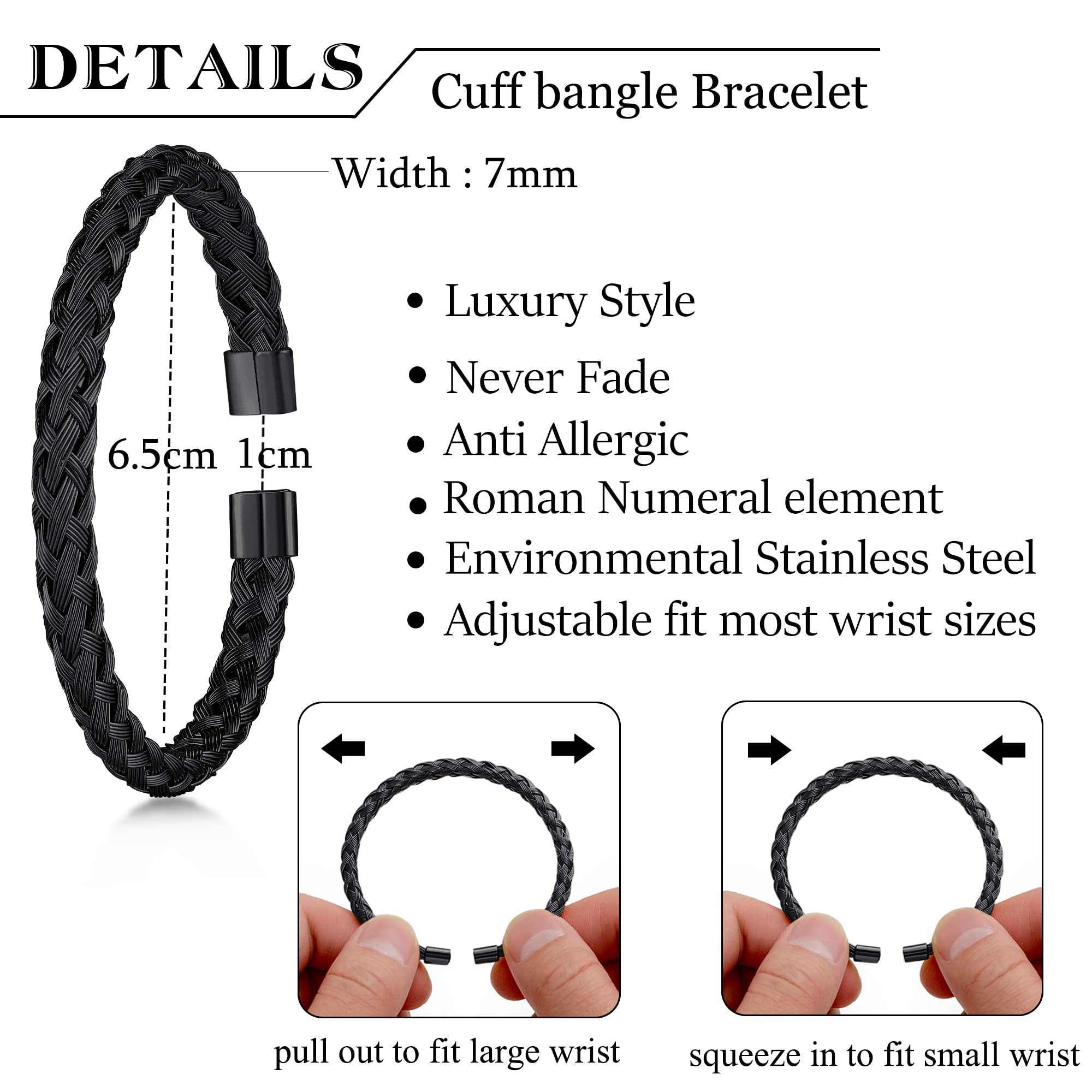 3PCS Stainless Steel Bracelets for Men Gold Roman Numeral Bangle Bracelet Twisted Cable Bracelet Adjustable Cuff Bracelet Mens Luxury Jewelry Bracelets Gifts