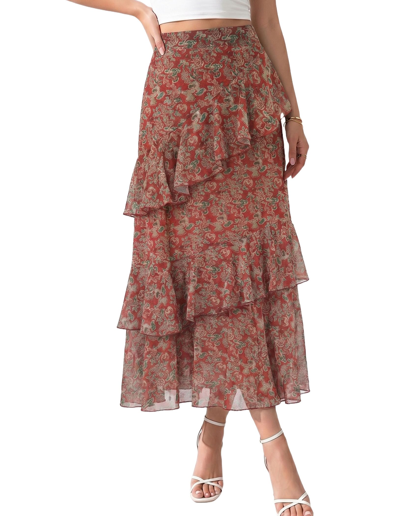 Women's Boho Flowy White Maxi Skirt Flared Ruffle Elastic Waist Summer A Line 2026 Spring Long Skirts