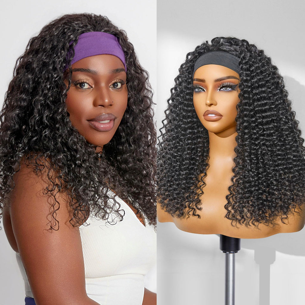HAIR Headband Wig Human Hair Kinky Straight Drawstring Half Wig for Black Women 100% Real Human Hair Glueless None Lace Wigs Brazilian Virgin Hair Machine Made Wig 200 Density Natural Color