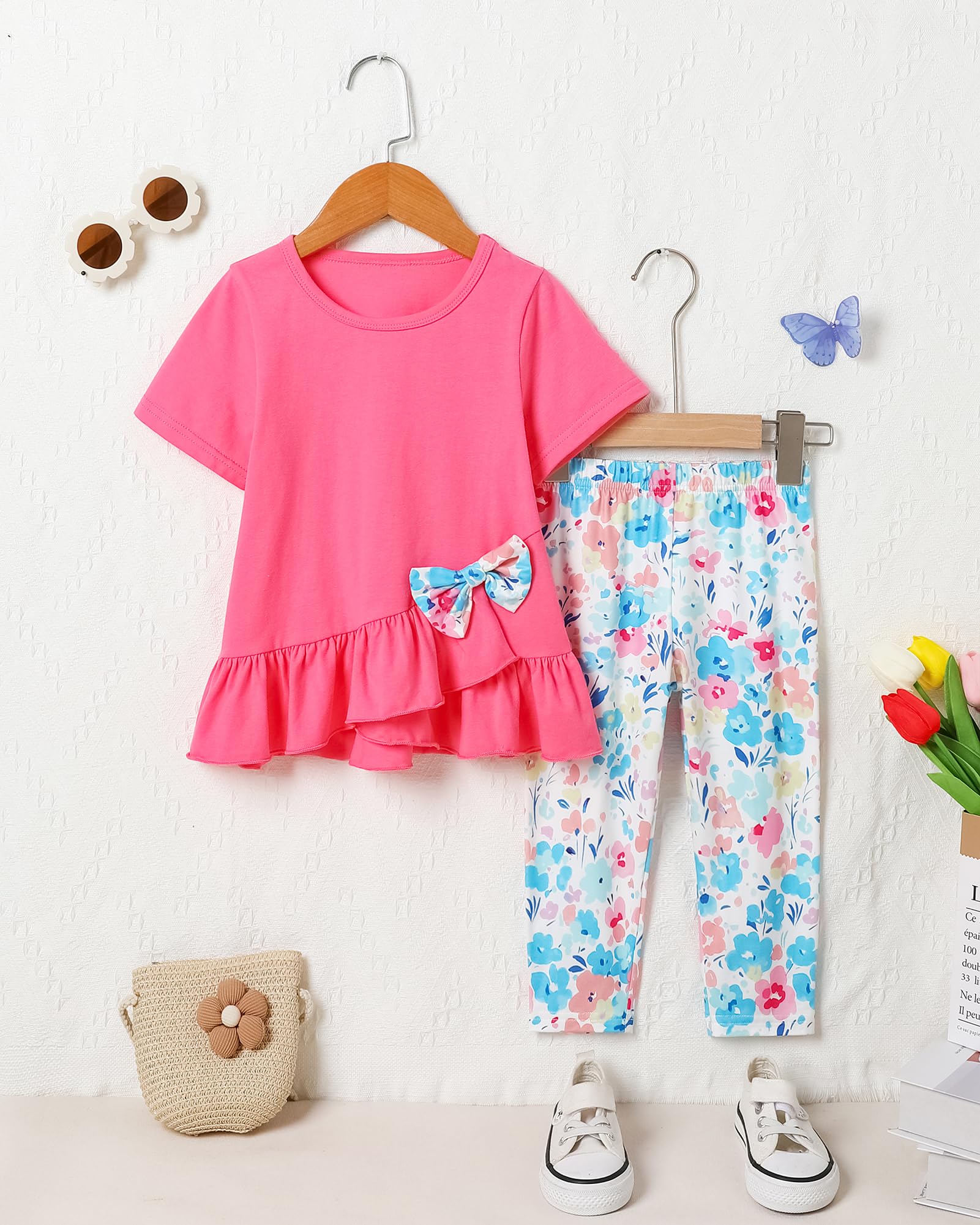 Toddler Girl Clothes 2-8Years Girls Outfit, Short Sleeve Ruffle Bowknot Top+Floral Capri Pants 2Pcs Spring Summer Set