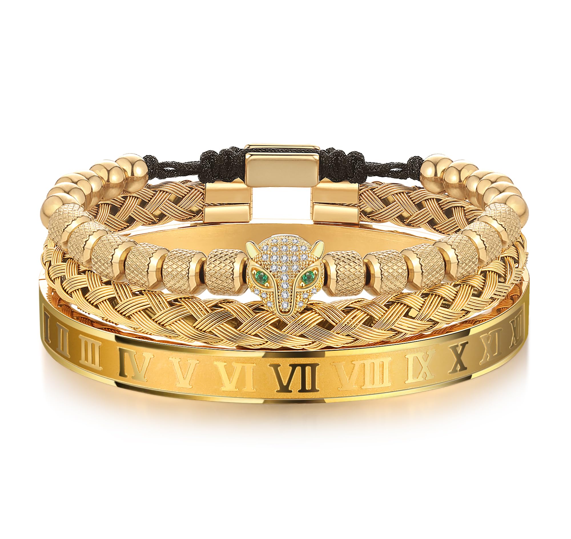 3PCS Stainless Steel Bracelets for Men Gold Roman Numeral Bangle Bracelet Twisted Cable Bracelet Adjustable Cuff Bracelet Mens Luxury Jewelry Bracelets Gifts