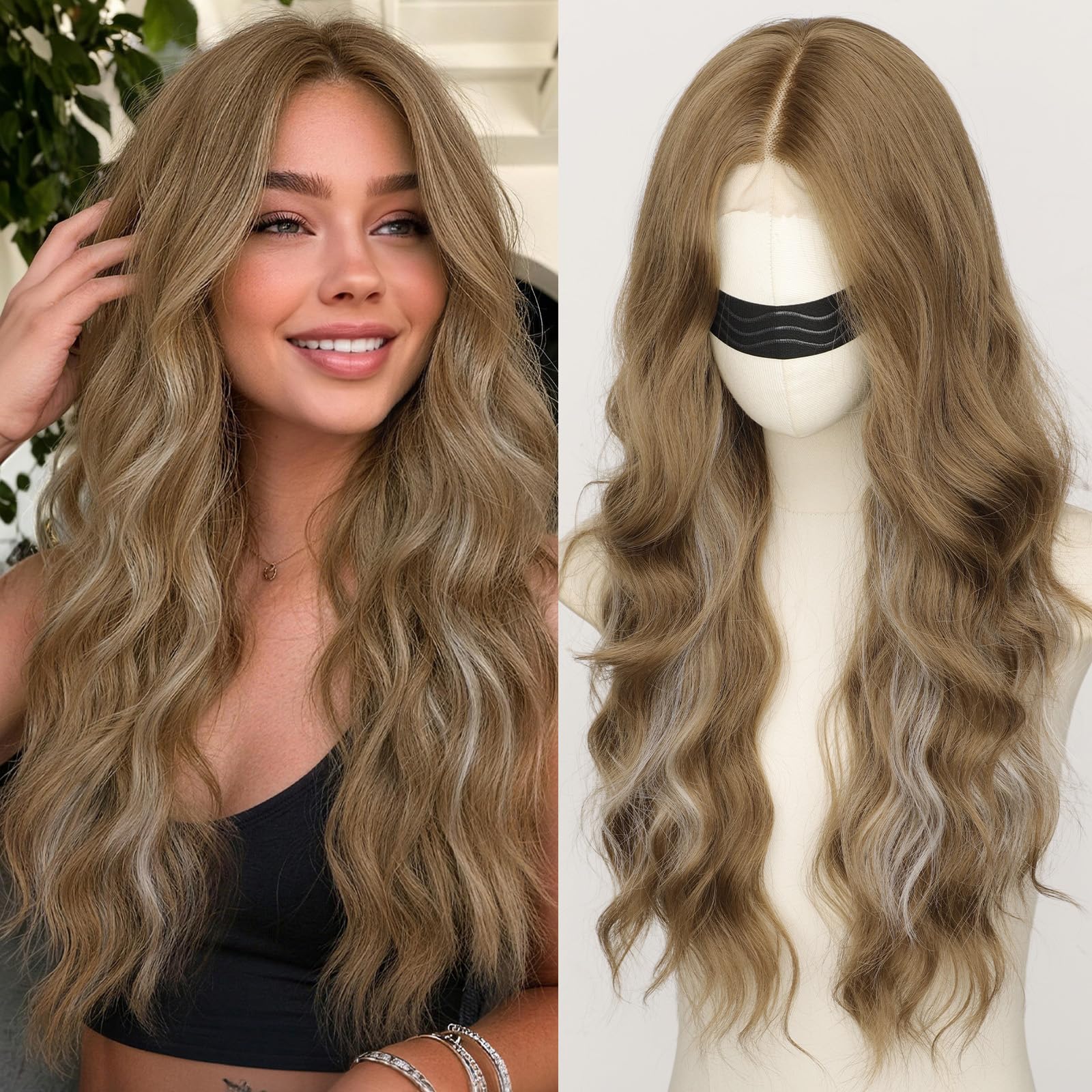 Long Brown Mixed Blonde Wavy Wig 4x1 Lace Natural Hairline Middle Part Curly Heat-Resistant Synthetic Fiber for Women & Beginners Daily Party Use 26In