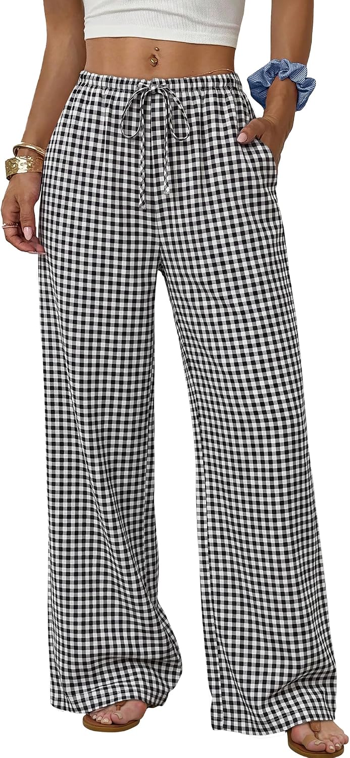 Wide Leg Pants for Women Flowy Palazzo Drawstring Elastic Waist Trousers with Pockets Summer Beach Vacation Clothes
