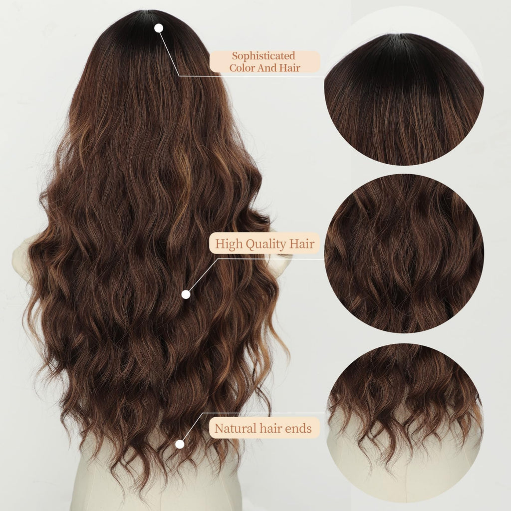Long Brown Mixed Blonde Wavy Wig 4x1 Lace Natural Hairline Middle Part Curly Heat-Resistant Synthetic Fiber for Women & Beginners Daily Party Use 26In
