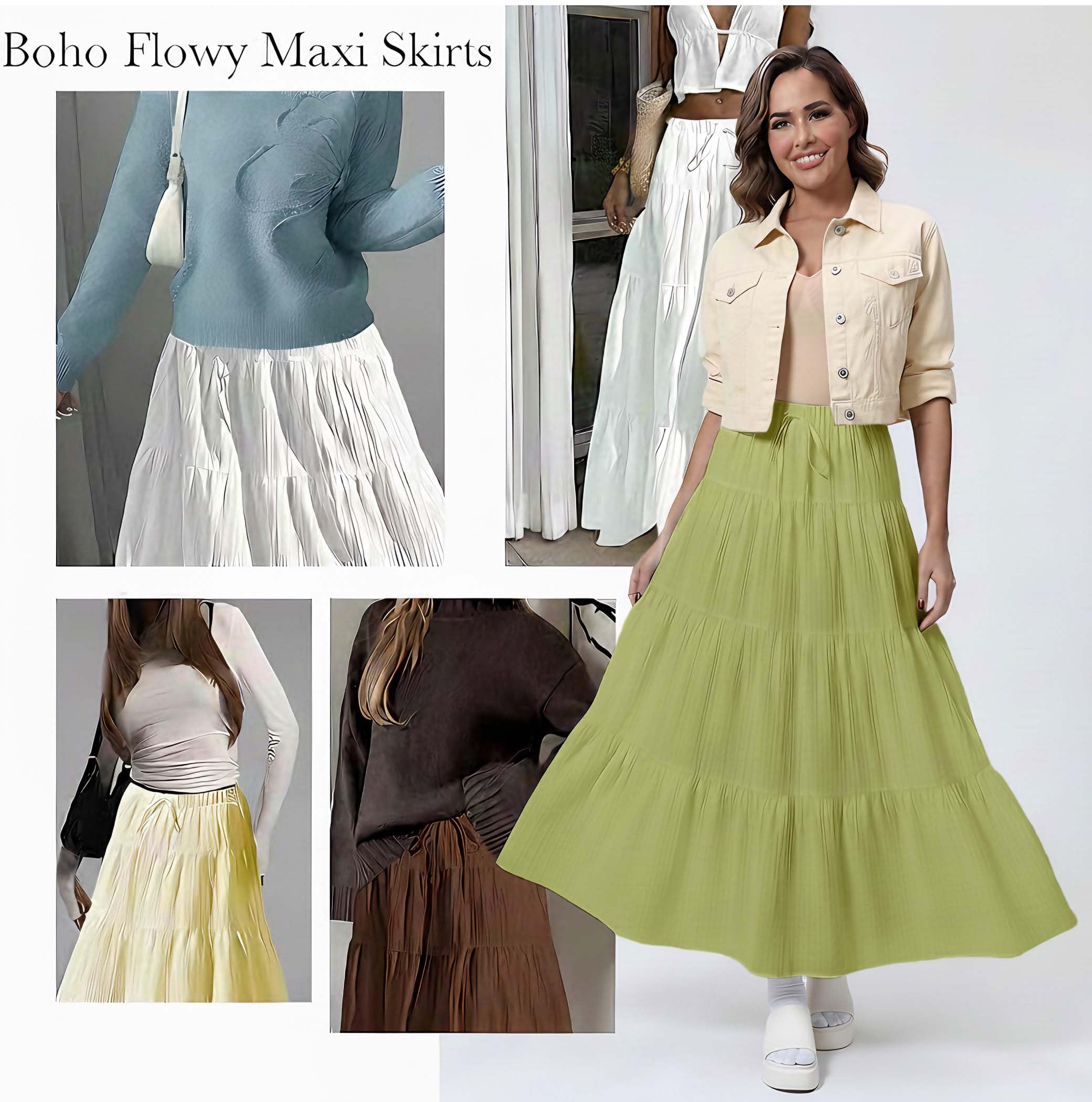 Women's Boho Flowy White Maxi Skirt Flared Ruffle Elastic Waist Summer A Line 2026 Spring Long Skirts