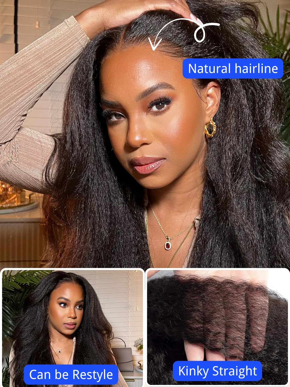 V Part Wigs Kinky Straight Human Hair with Drawstring,Glueless Easicontour V-Part Clip in Upgraded U Part Kinky Wig for Women No Leave Out Ready to Wear Beginner Friendly 150% Density 20inch