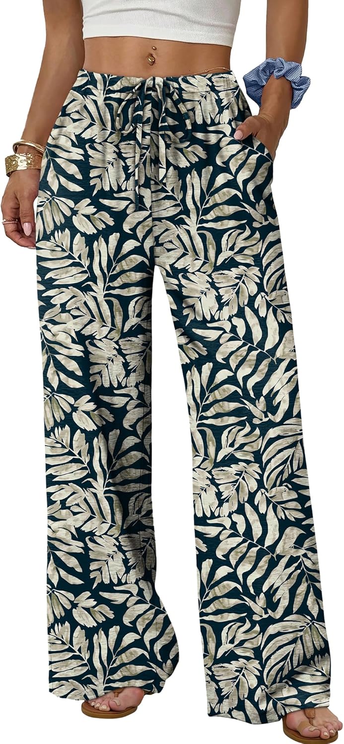Wide Leg Pants for Women Flowy Palazzo Drawstring Elastic Waist Trousers with Pockets Summer Beach Vacation Clothes