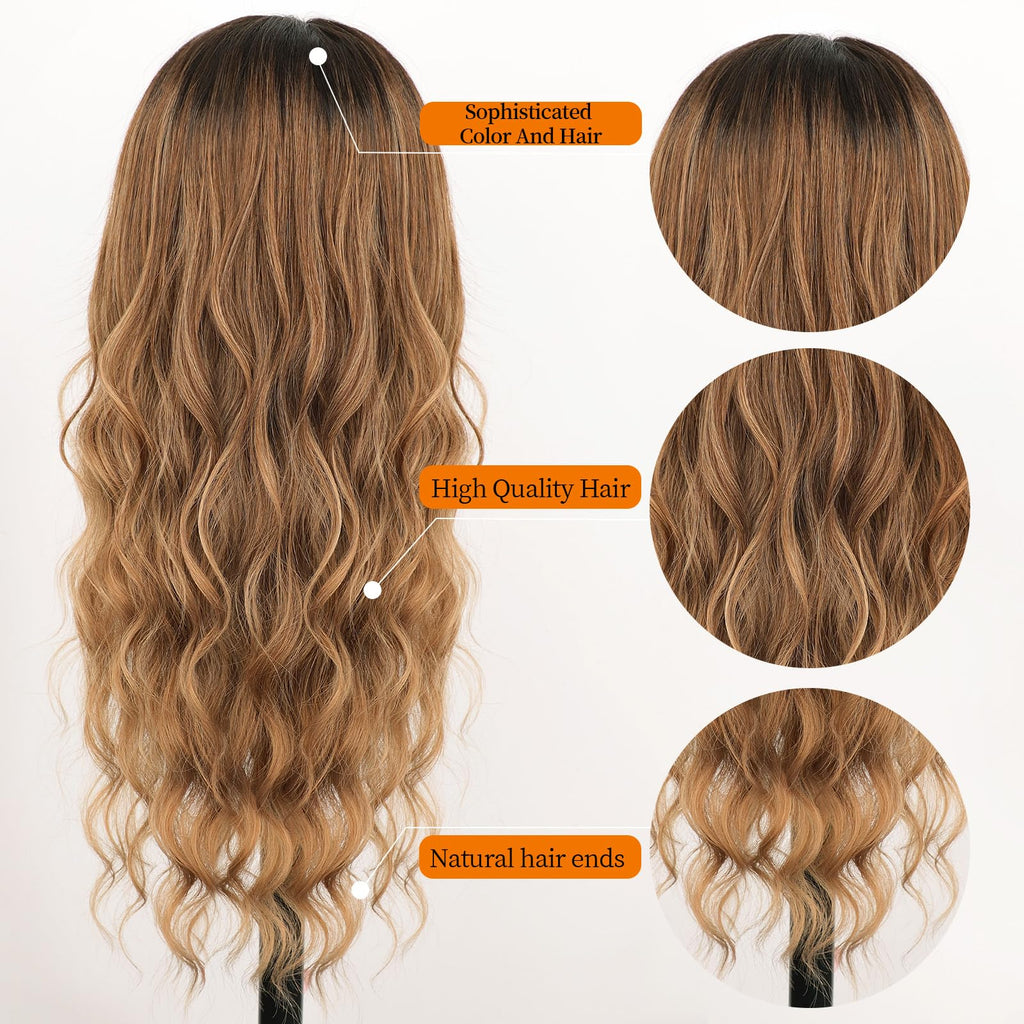 Long Brown Mixed Blonde Wavy Wig 4x1 Lace Natural Hairline Middle Part Curly Heat-Resistant Synthetic Fiber for Women & Beginners Daily Party Use 26In