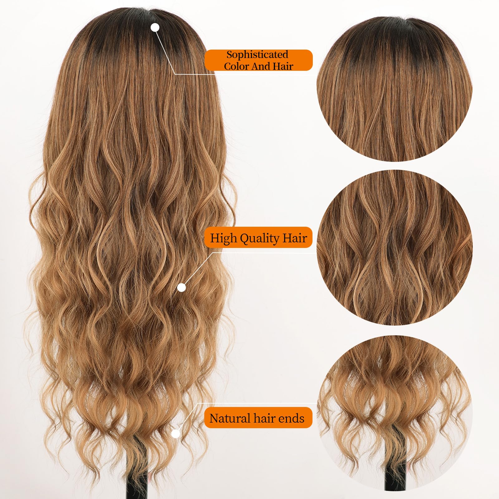 Long Brown Mixed Blonde Wavy Wig 4x1 Lace Natural Hairline Middle Part Curly Heat-Resistant Synthetic Fiber for Women & Beginners Daily Party Use 26In