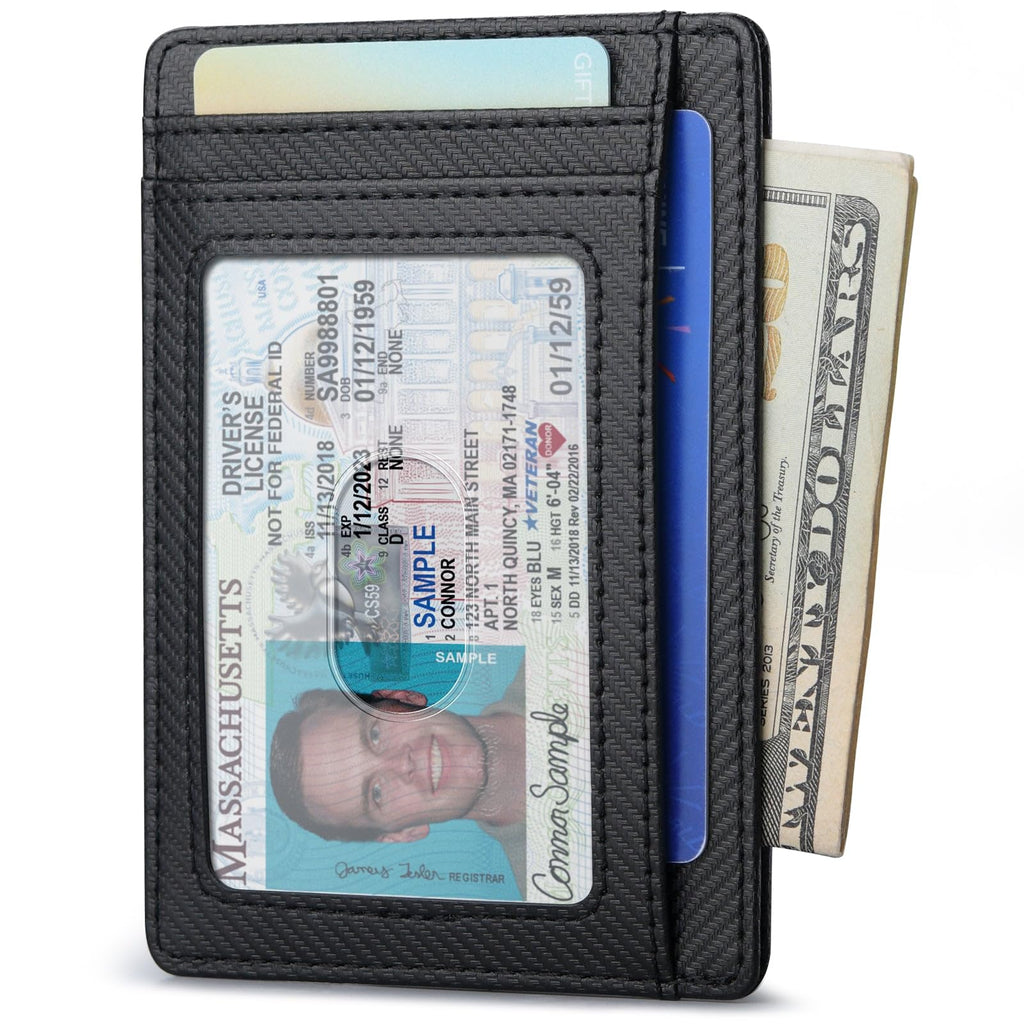 Slim Minimalist Front Pocket RFID Blocking Leather Wallets for Men and Women - Carbon Fiber Black
