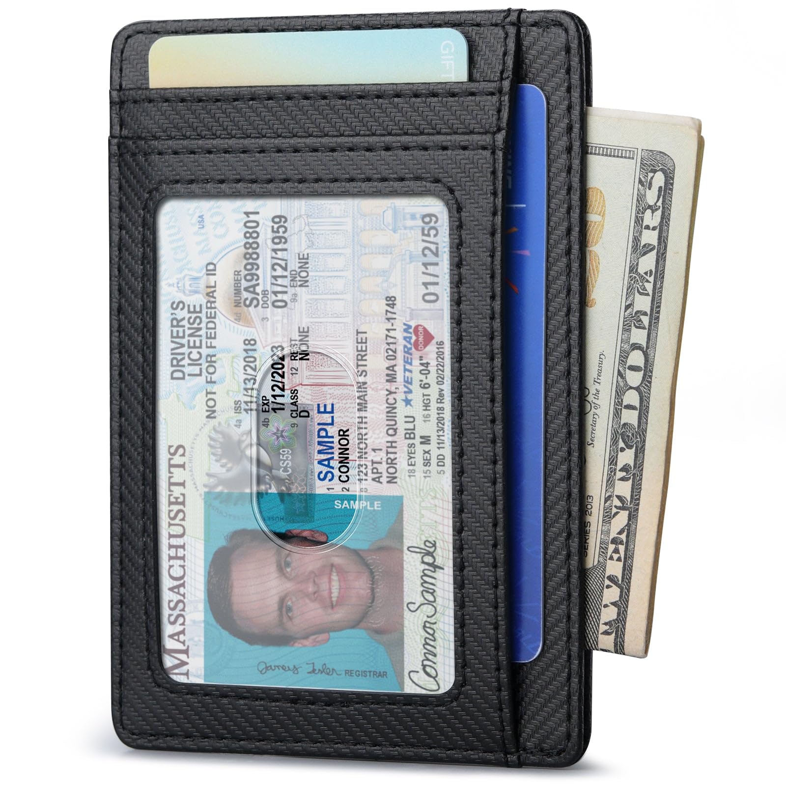 Slim Minimalist Front Pocket RFID Blocking Leather Wallets for Men and Women - Carbon Fiber Black