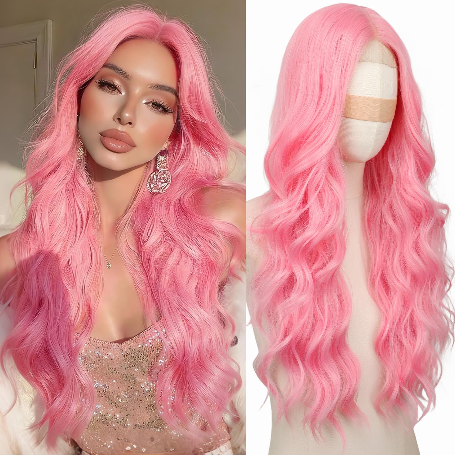 Long Brown Mixed Blonde Wavy Wig 4x1 Lace Natural Hairline Middle Part Curly Heat-Resistant Synthetic Fiber for Women & Beginners Daily Party Use 26In
