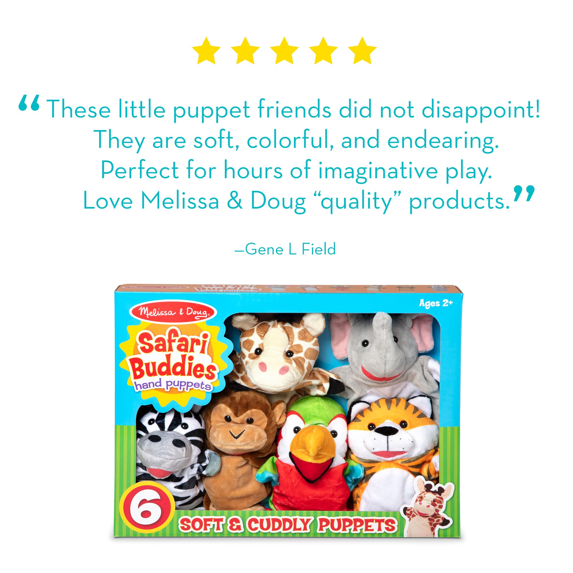Melissa & Doug Safari Buddies Hand Puppets, Set of 6 (Elephant, Tiger, Parrot, Giraffe, Monkey, Zebra) Soft, Plush Puppet, Stuffed Animals, Pretend Play Toddler Toys for Girls & Boys 2+