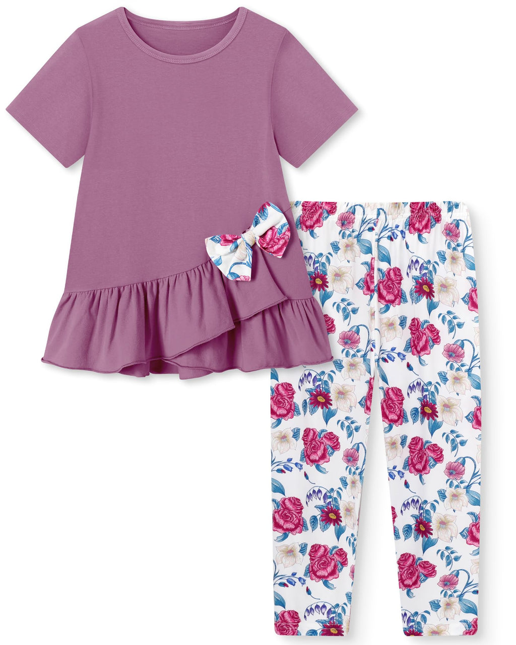 Toddler Girl Clothes 2-8Years Girls Outfit, Short Sleeve Ruffle Bowknot Top+Floral Capri Pants 2Pcs Spring Summer Set