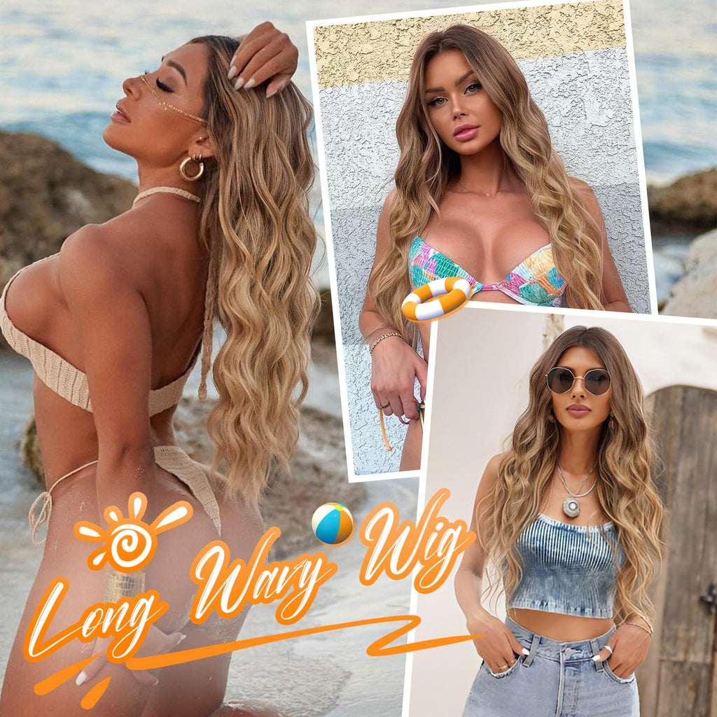 Long Brown Mixed Blonde Wavy Wig 4x1 Lace Natural Hairline Middle Part Curly Heat-Resistant Synthetic Fiber for Women & Beginners Daily Party Use 26In