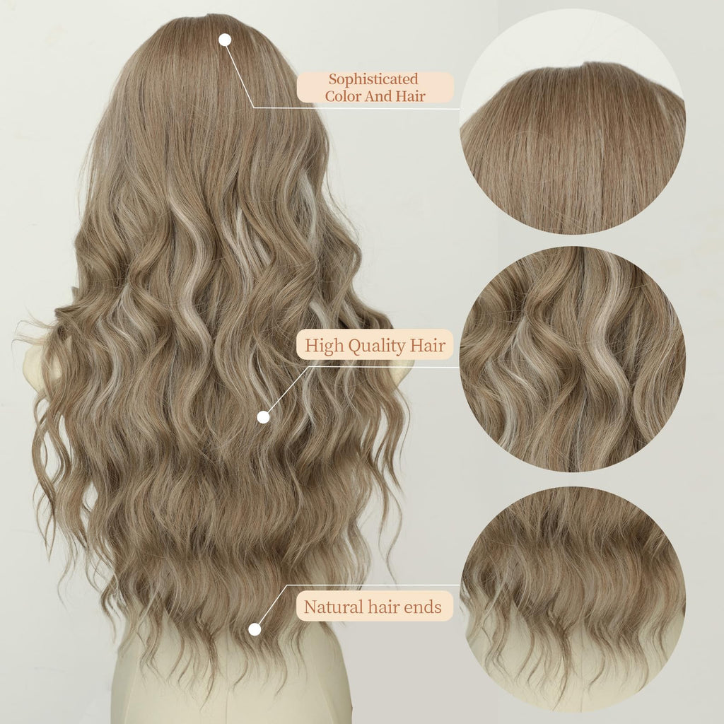 Long Brown Mixed Blonde Wavy Wig 4x1 Lace Natural Hairline Middle Part Curly Heat-Resistant Synthetic Fiber for Women & Beginners Daily Party Use 26In