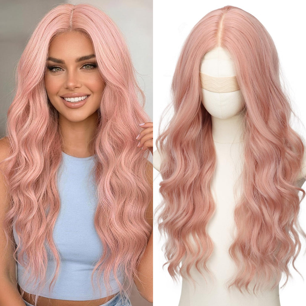 Long Brown Mixed Blonde Wavy Wig 4x1 Lace Natural Hairline Middle Part Curly Heat-Resistant Synthetic Fiber for Women & Beginners Daily Party Use 26In